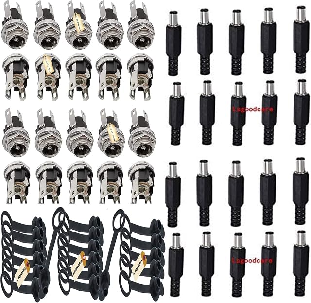 Lsgoodcare 60Pcs 5.5MM x 2.1MM Male Female DC Power Plug Solder Jack Adapter Socket Connectors with Rubber Caps for Audio Video Phone CCTV