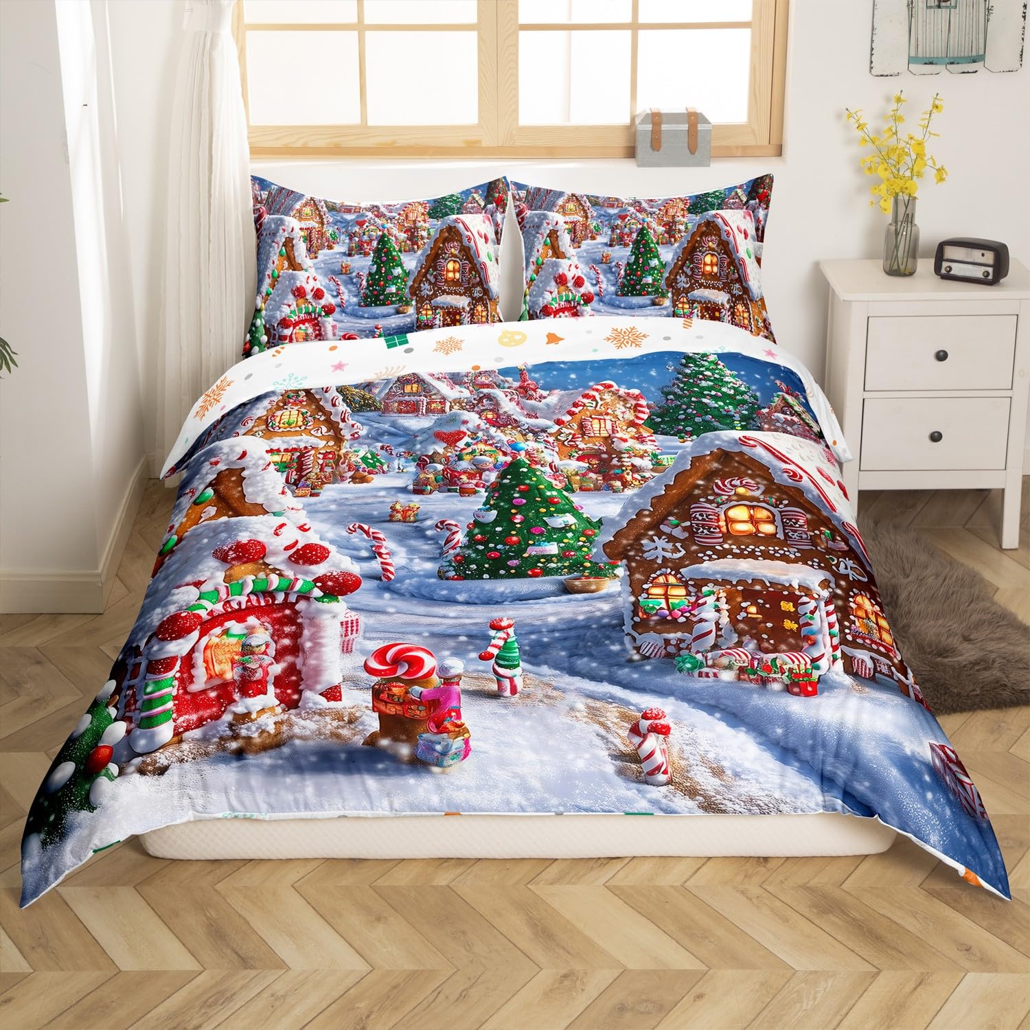 Dreamy Gingerbread Kingdom Duvet Cover King for Kids Boys Teens,Winter Xmas Cartoon 3 Pieces Duvet Cover (Not Comforter),Watercolor Gingerbread House Soft Comforter Cover,Girls Candy Land Quilt Cover