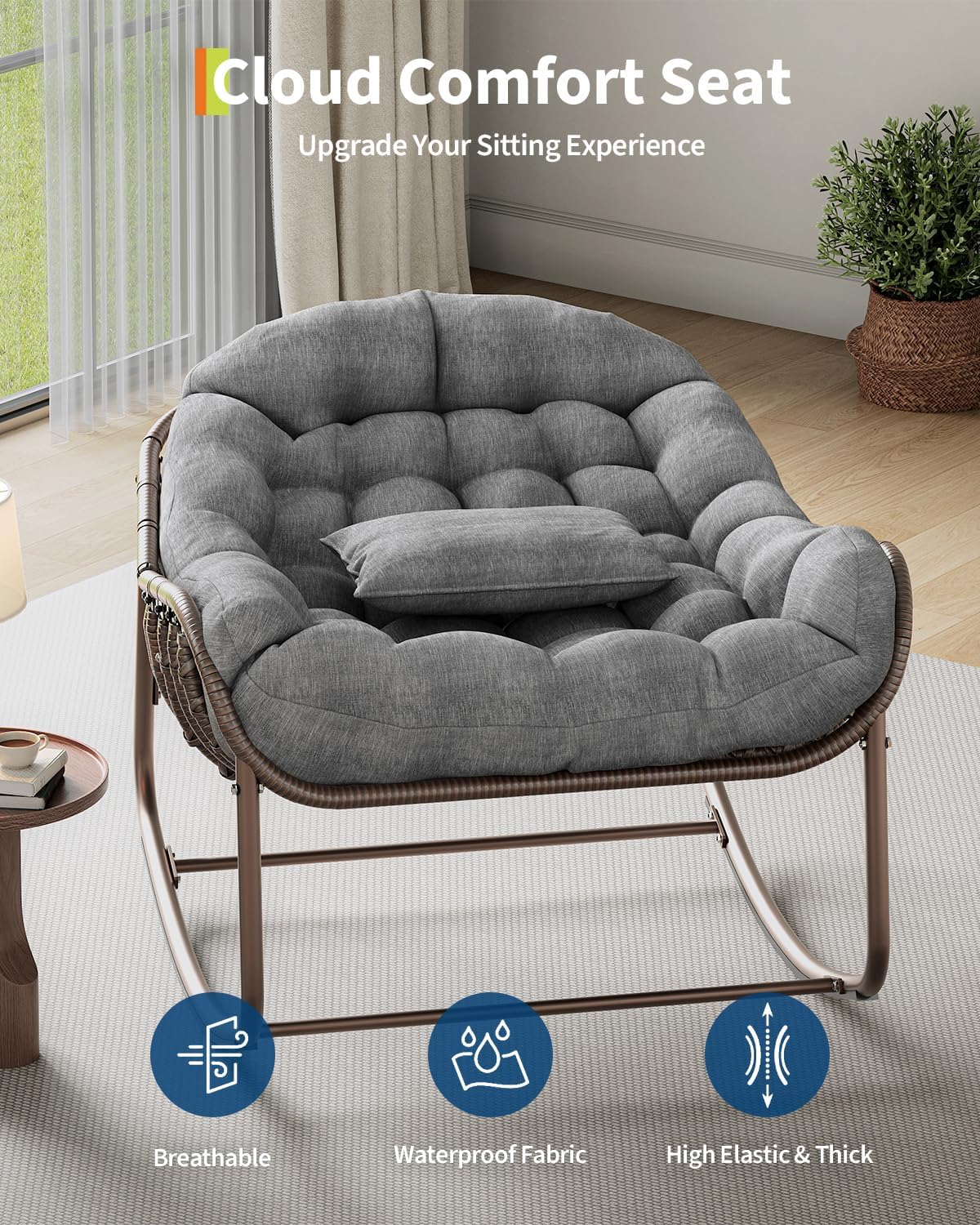 Garvee Bequemer Papasan Schaukelstuhl für Garten & Terrasse – Outdoor Rattan Ei-Stuhl mit komfortablem Kissen und stabilem Metallrahmen – Ideal als Relax Lesesessel auf Balkon, Veranda oder im Outdoor