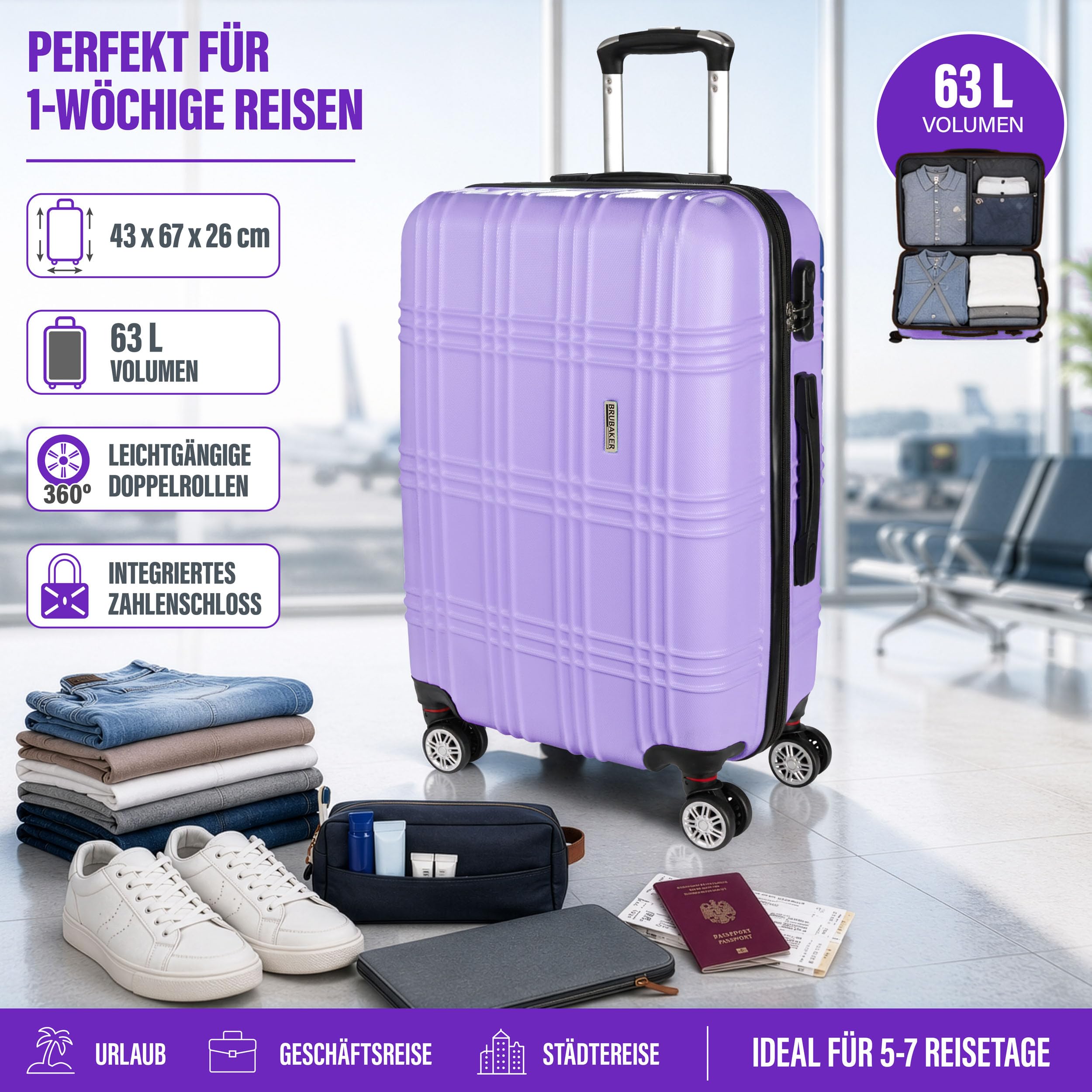 BRUBAKER Hartschalen Reisekoffer Bahamas - Erweiterbarer Rollkoffer mit Zahlenschloss, 4 Rollen und Teleskopgriff - ABS Koffer 43 x 66,5 x 28,5 cm - Hartschalenkoffer (L - Flieder Lila)