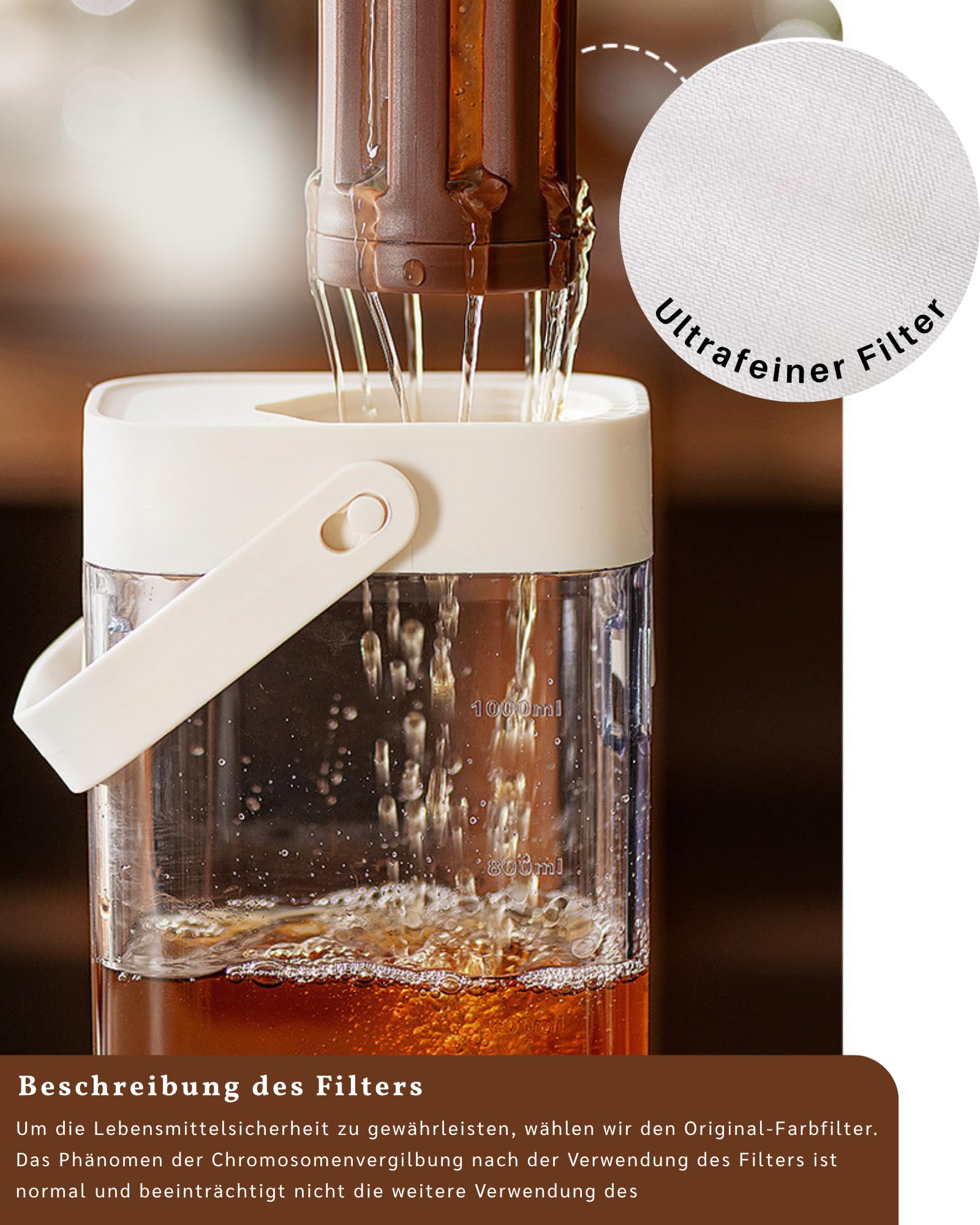 JanYoo Cold Brew Kaffeebereiter 1000ml, Cold Brew Coffee Maker mit Feinstfilter, Kaltgebrüh-Kaffeemaschine Tragbar für Eiskaffee, Eistee, Saft