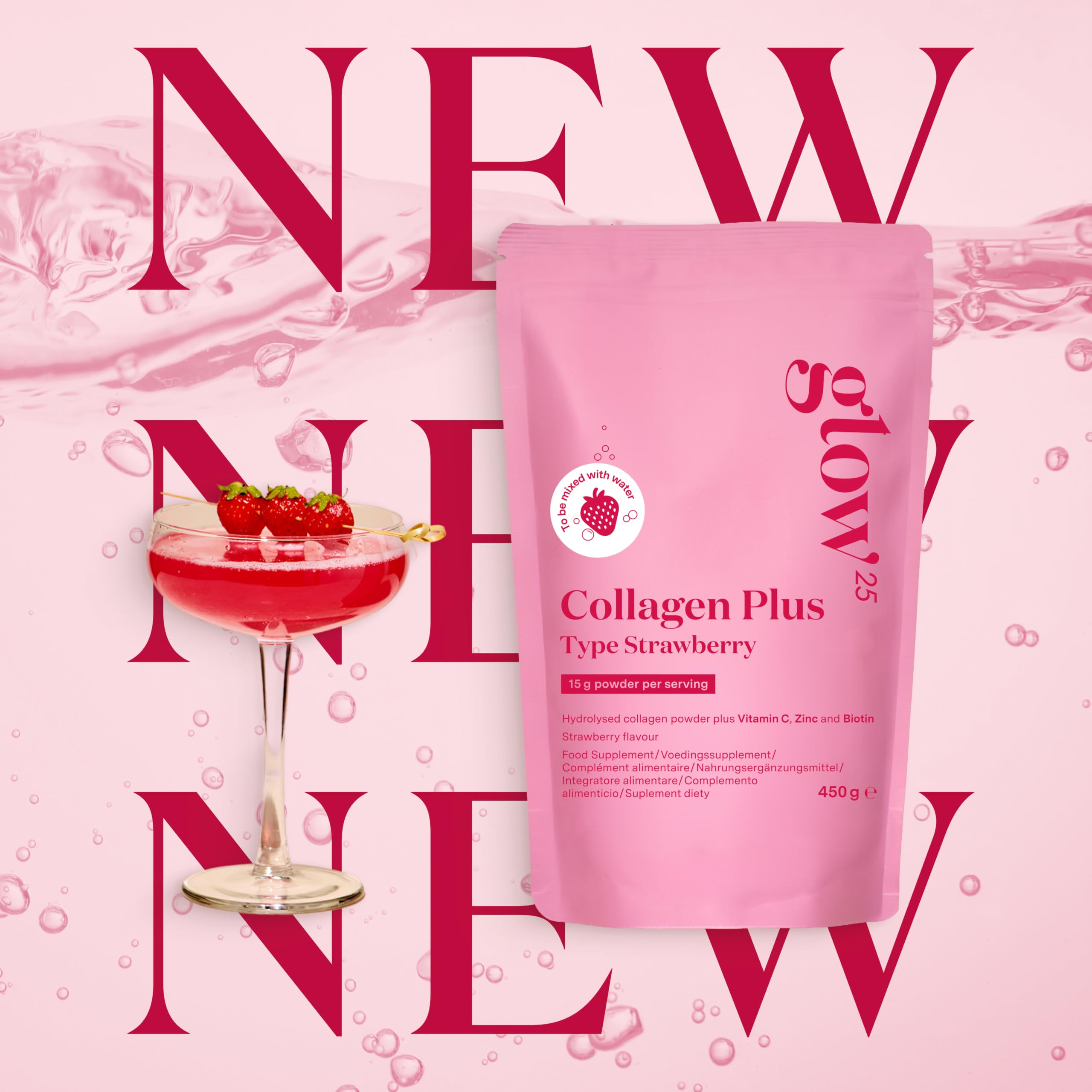Glow25® Collagen Plus Typ Strawberry [3x450g] – Kollagen Hydrolysat mit Vitamin C, Zink und Biotin – Peptide Typ 1 und 3 – Speziell für Wasser entwickelt – Mit Erdbeer-Geschmack