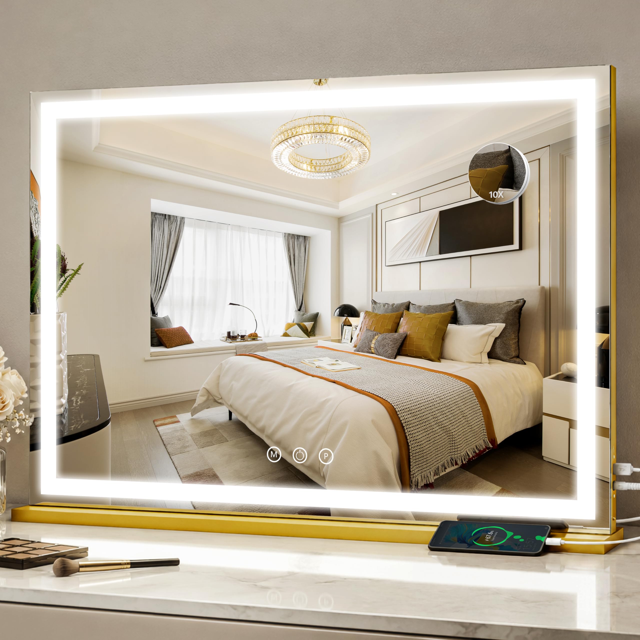 FENNIO Large Vanity Mirror with Lights，35.5" x 27" LED Makeup Mirror，Hollywood Mirror with 3 Color Modes &amp; Adjustable Brightness，Vanity Mirror Square Gold