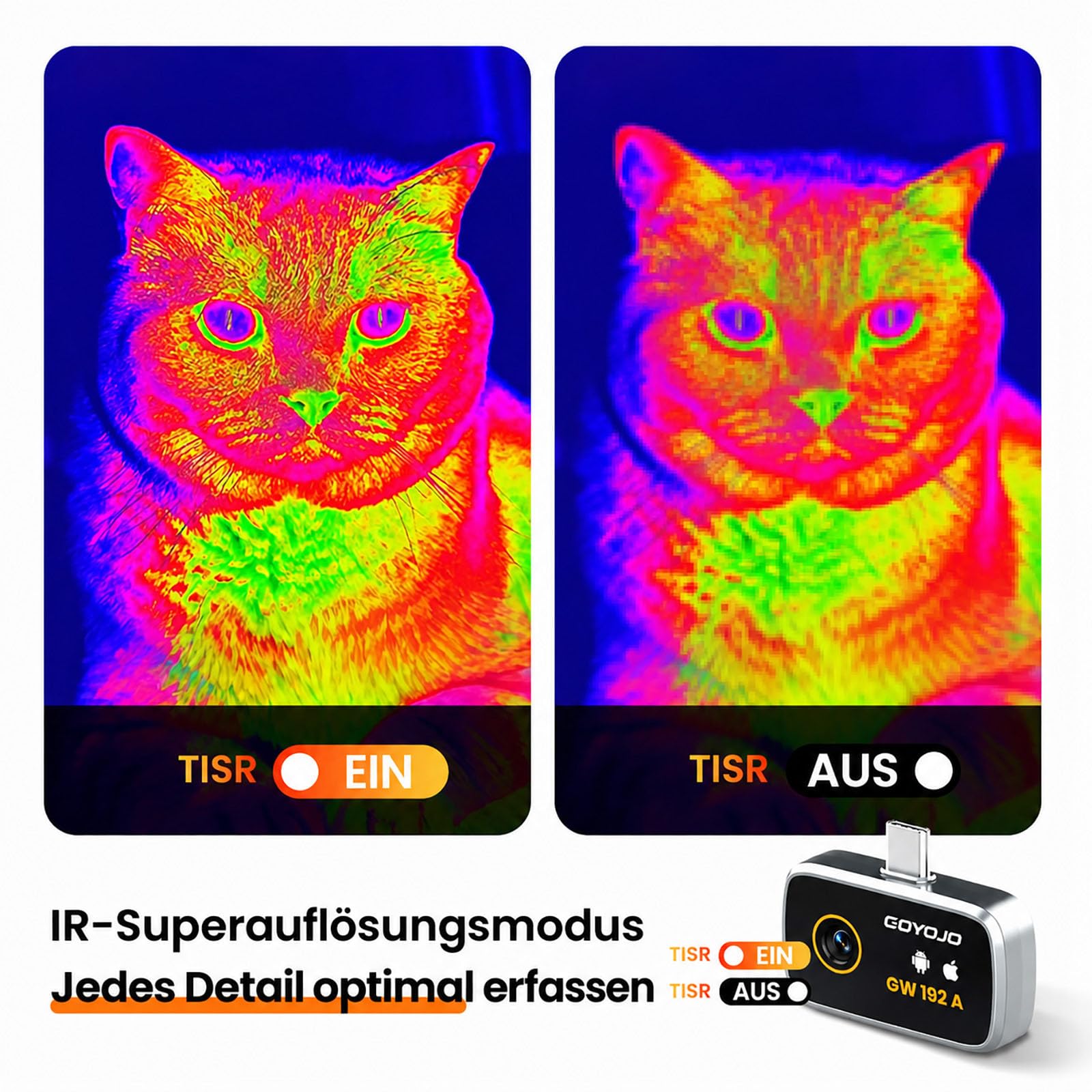GOYOJO Wärmebildkamera Handy, 192 x 192 IR-Auflösung, Infrarotkamera für Android & iPhone 15/16/17, 50° Weitwinkel, -20 °C bis 400 °C, für Lecksuche, Hausinspektion, Elektroprüfung & Kfz-Diagnose