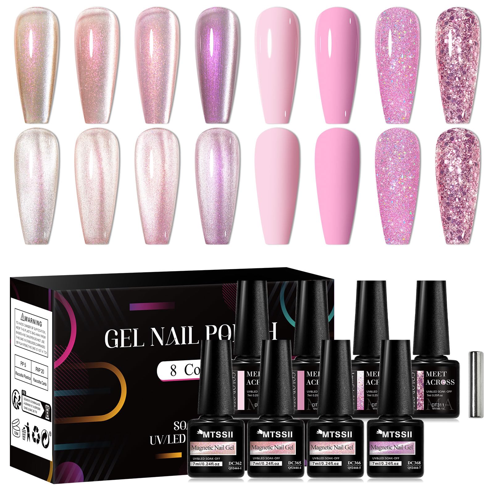 MEET ACROSS 8pcs Gel Nail Polish Set, Soak off UV LED Lamp Gel Nail Polish Cat Eye Set Home Gel Manicure Kit 7ml (Cat Eye + color Gel-6)