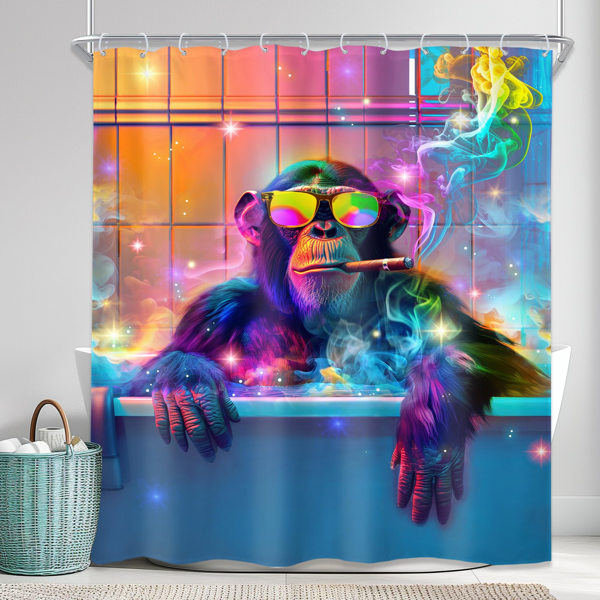 Newsely Funny Monkey Shower Curtain 60Wx72L Inch Neon Chimpanzee in Bathtub Fun Animal Wildlife Boys Men Cool Bathroom Set Hilarious Modern Waterproof