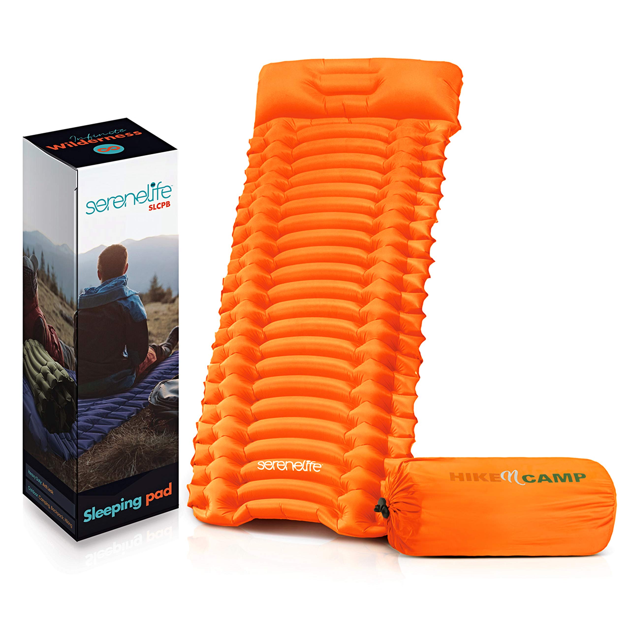 SereneLifeBackpacking Air Mattress Sleeping Pad - Waterproof Lightweight Sleep Pad Inflatable Camping Sleeping Mat W/Carrying Bag - For Camping, Backpacking, Hiking - Slcpo (Orange)