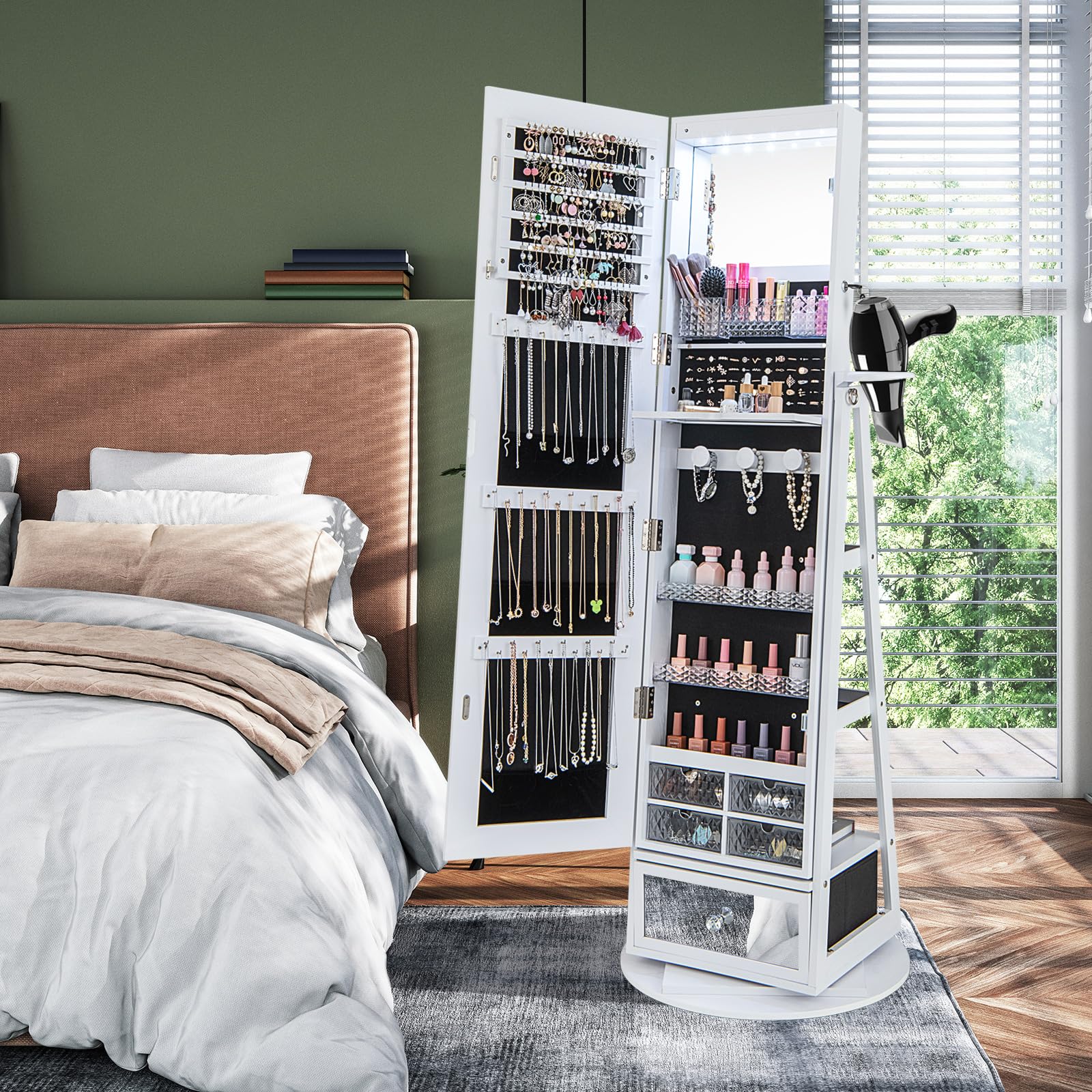 RELAX4LIFE Armoire à Bijoux Pivotante à 360ºavec Miroir Pleine Longueur, Miroir Bijoux sur Pied LED avec Support Sèche-Cheveux, Grand Tiroir, 3 Étagères pour Rangement Bijoux (Blanc)