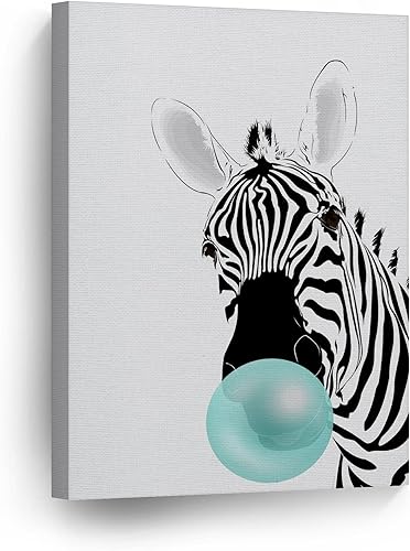 Smile Art Design Arte de goma de mascar de cebra, diseño de goma de mascar de color verde azulado y azul, impresión en lienzo en blanco y negro,