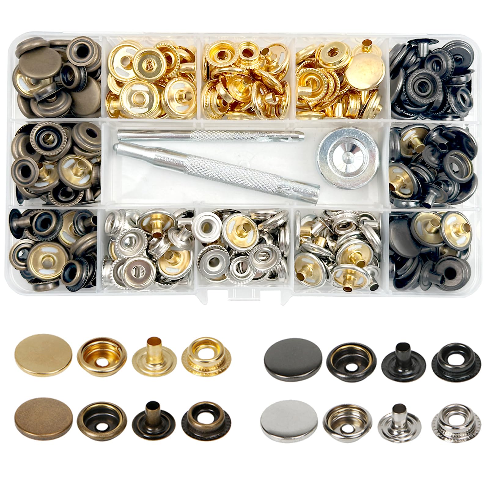 MIFOLEU 320PCS Stainless Steel Snaps, 15mm Heavy Duty Snap Fasteners Kit with 4 Colors (80 Sets), Snap Buttons Press Stud Cap for Clothes, Bags, Leather, DIY Crafts, Shoes and Belts, Boat Canvas