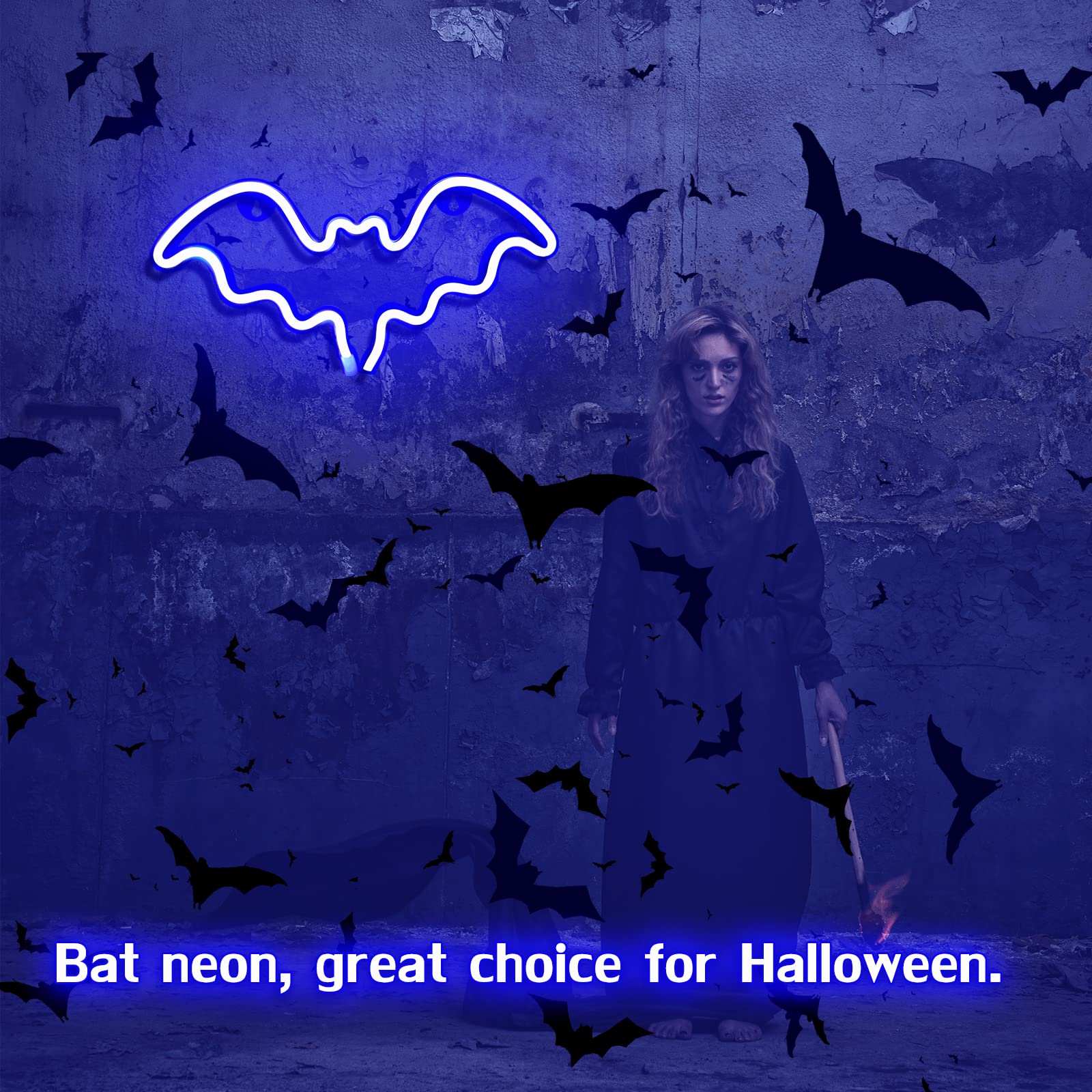 BerniceKelly Neon Bat Sign, LED Bat Light for Wall Decor, Battery/USB Powered, Halloween Party, Bar, Room Decor