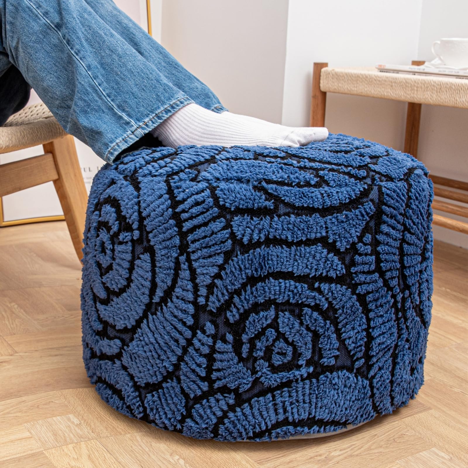 Asuprui Fluffy Flower Pouf Ottoman Cover Only – 20"x14" Round Plush Fuzzy Pouf Shell for Footrest, Stool or Floor Seat, Soft Removable Home Decor (No Insert Included) (Navy Blue)