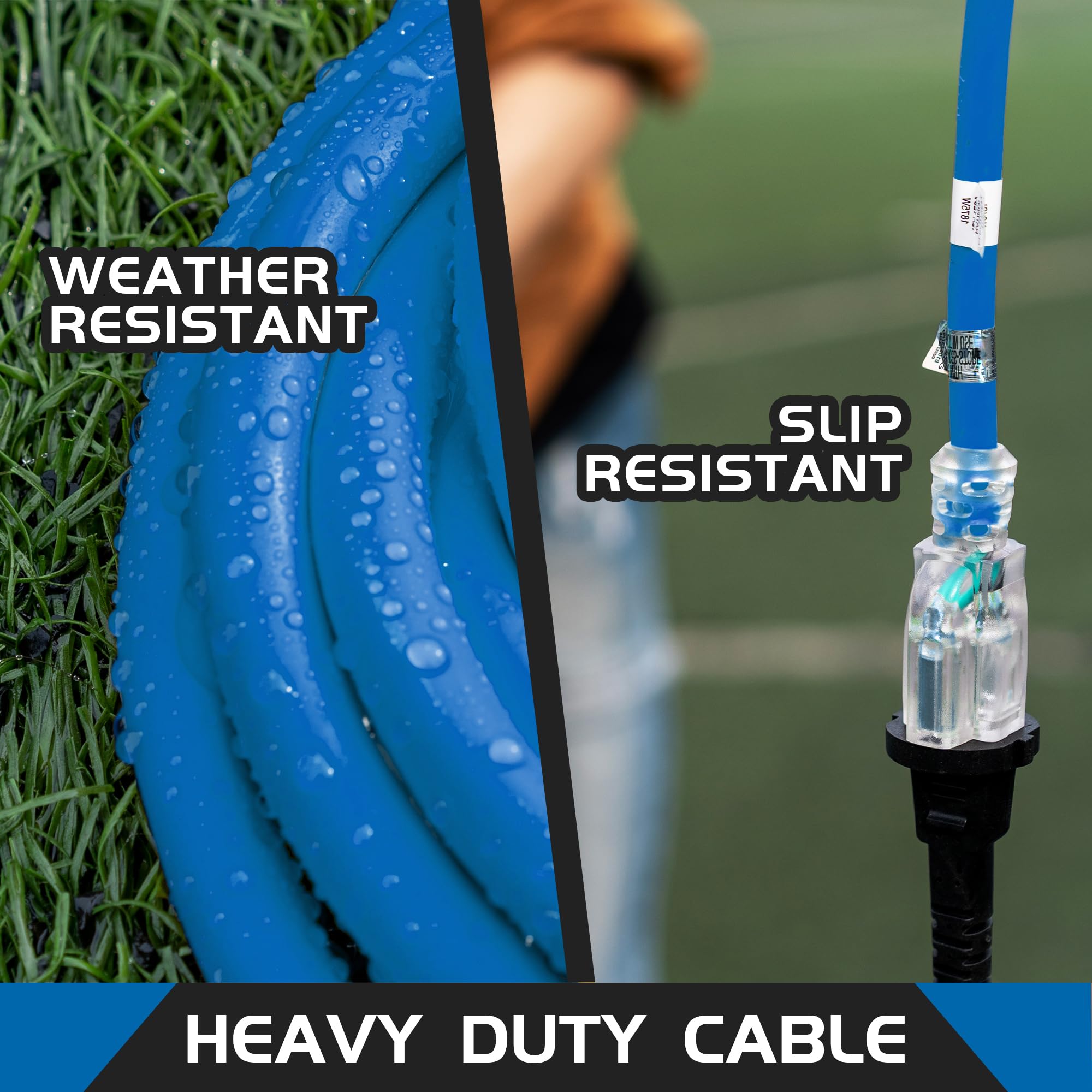 Cable de extensión para exteriores con iluminación de 15 pies, calibre 12/3 - Cable de extensión SJTW de 3 puntas resistente azul con enchufe de 3 puntas para mayor seguridad, listado UL