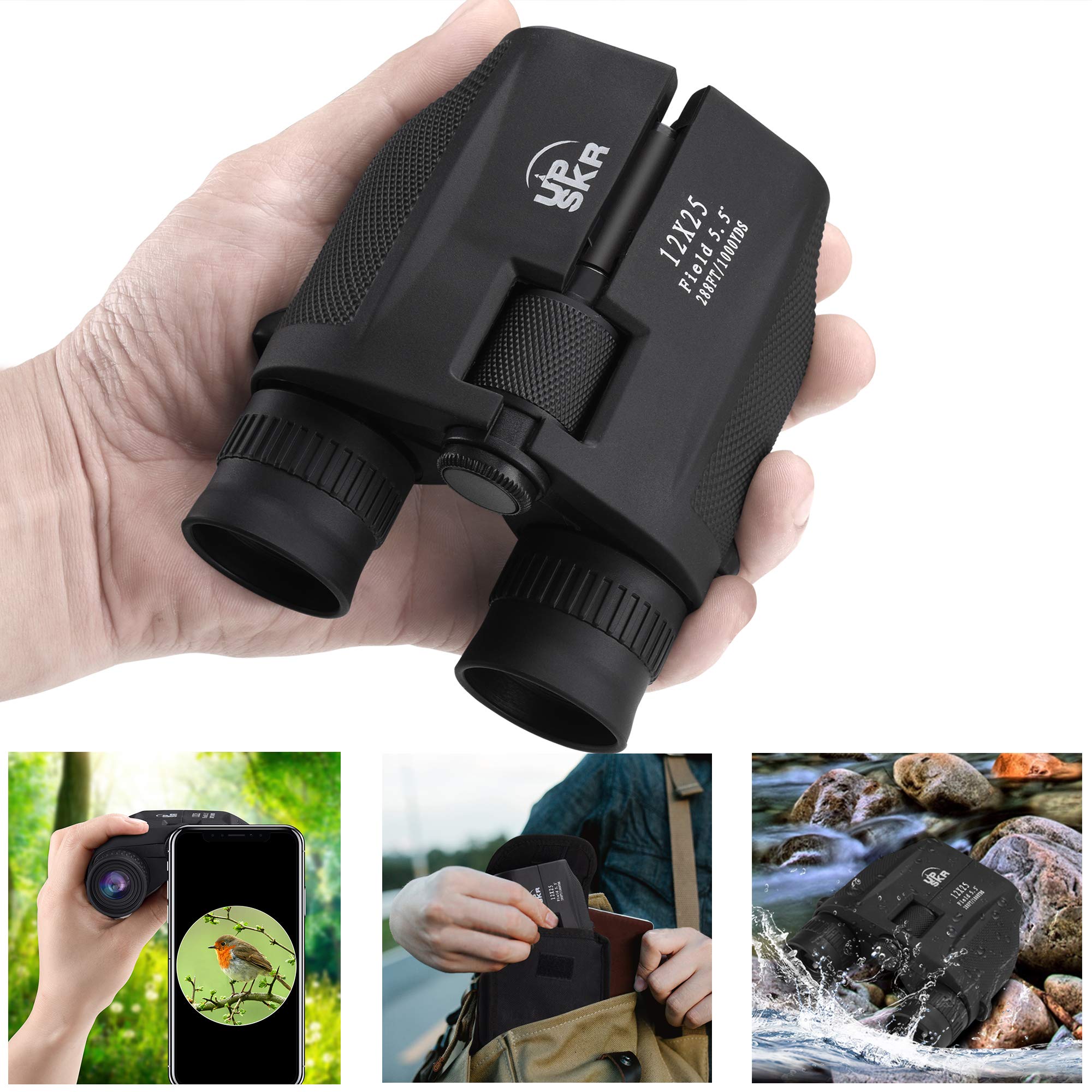 UPSKR 12x25 Compact Binoculars with Low Light Night Vision, Large Eyepiece High Power Waterproof Binocular Easy Focus for Outdoor Hunting, bird watching, Traveling, Sightseeing Fit For adults and kids