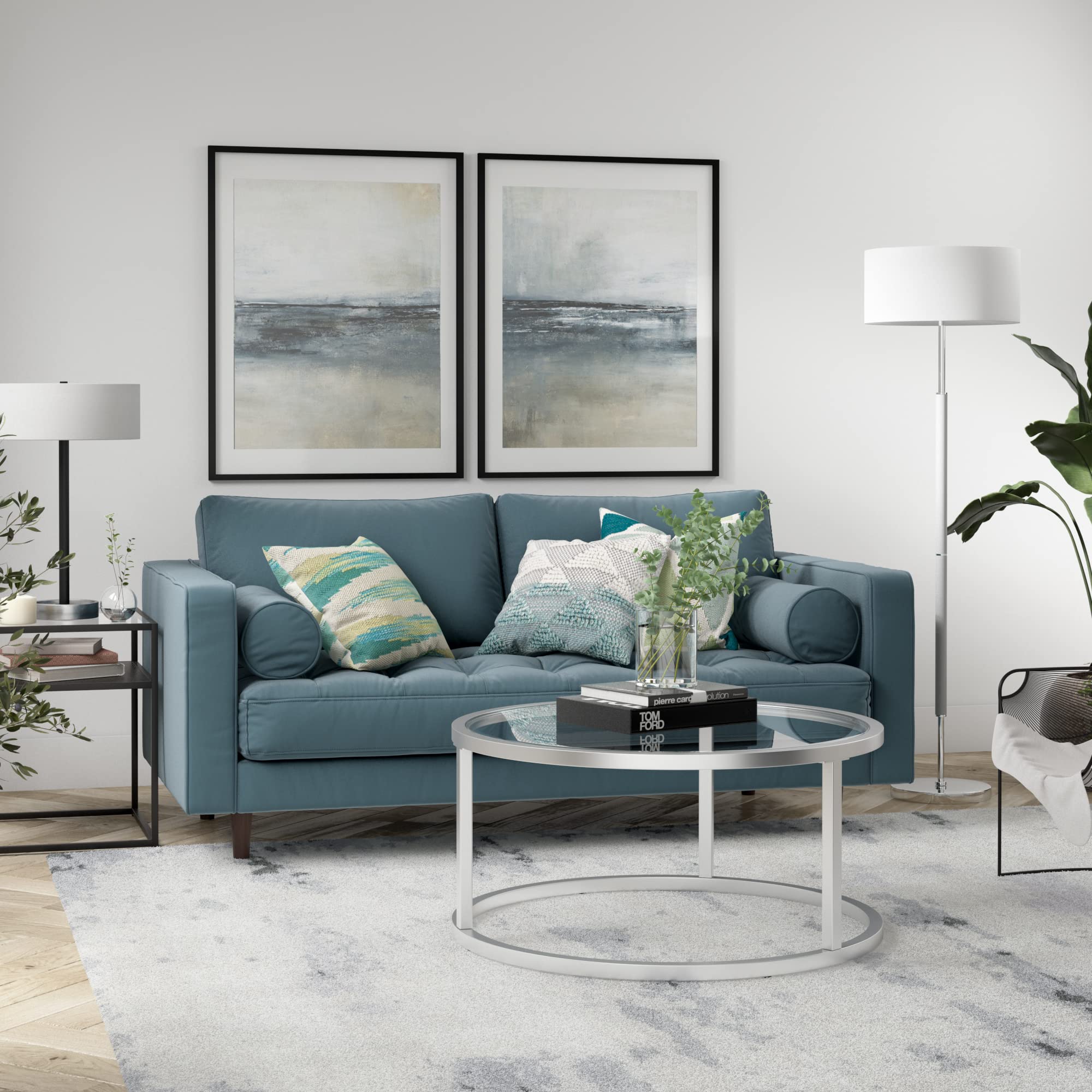 Henn&Hart 2-Light Floor Lamp with Fabric Shade in Cool Gray/Polished Nickel/White, Floor Lamp for Home Office, Bedroom, Living Room , 61" Tall