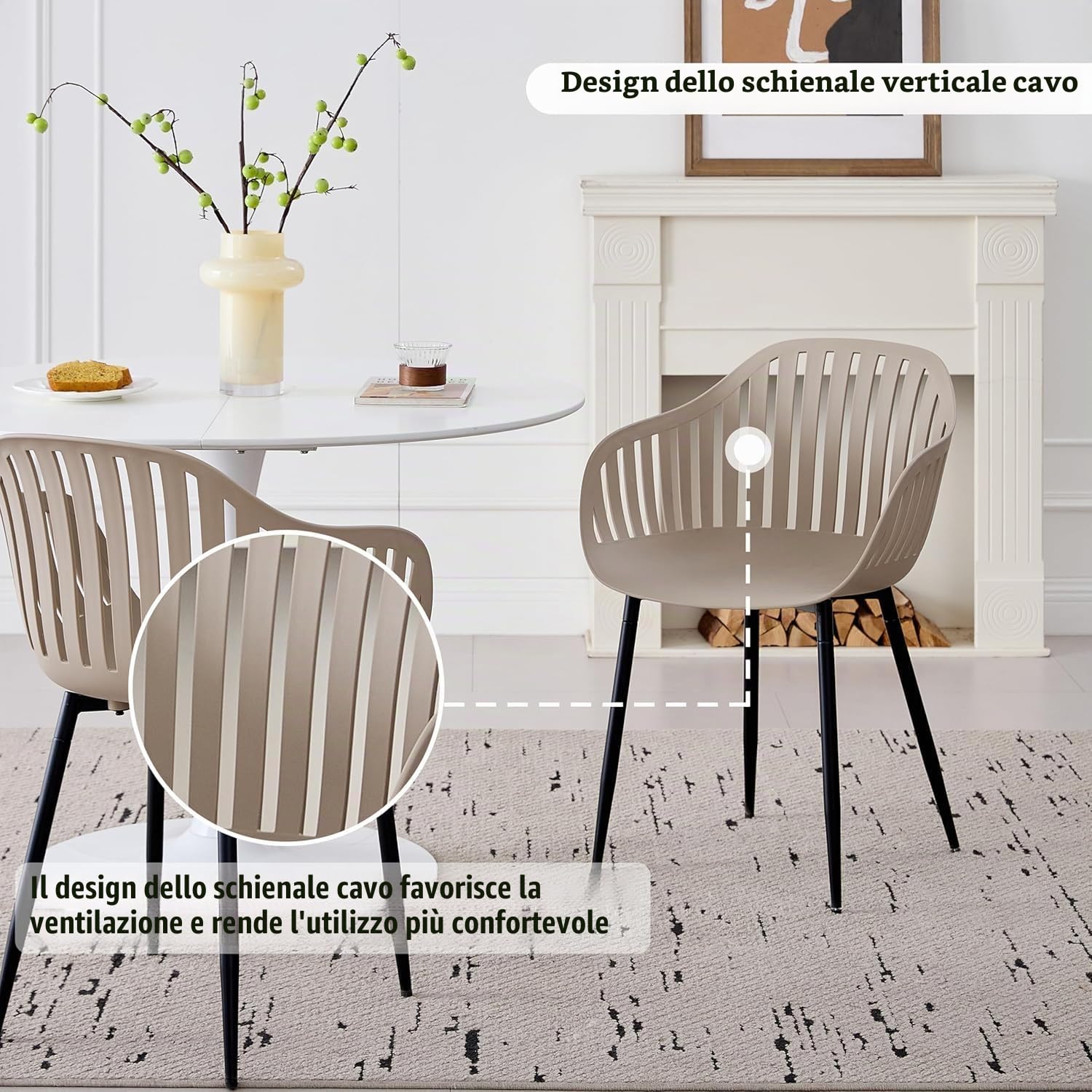 GrandCA HOME Set di 8 Sedie da Pranzo Moderne, Sedia da Cucina con Braccioli, con Schienale cavo Verticale e Gambe in Metallo Nero, Adatte per Soggiorno, Balcone, Ufficio - Cachi