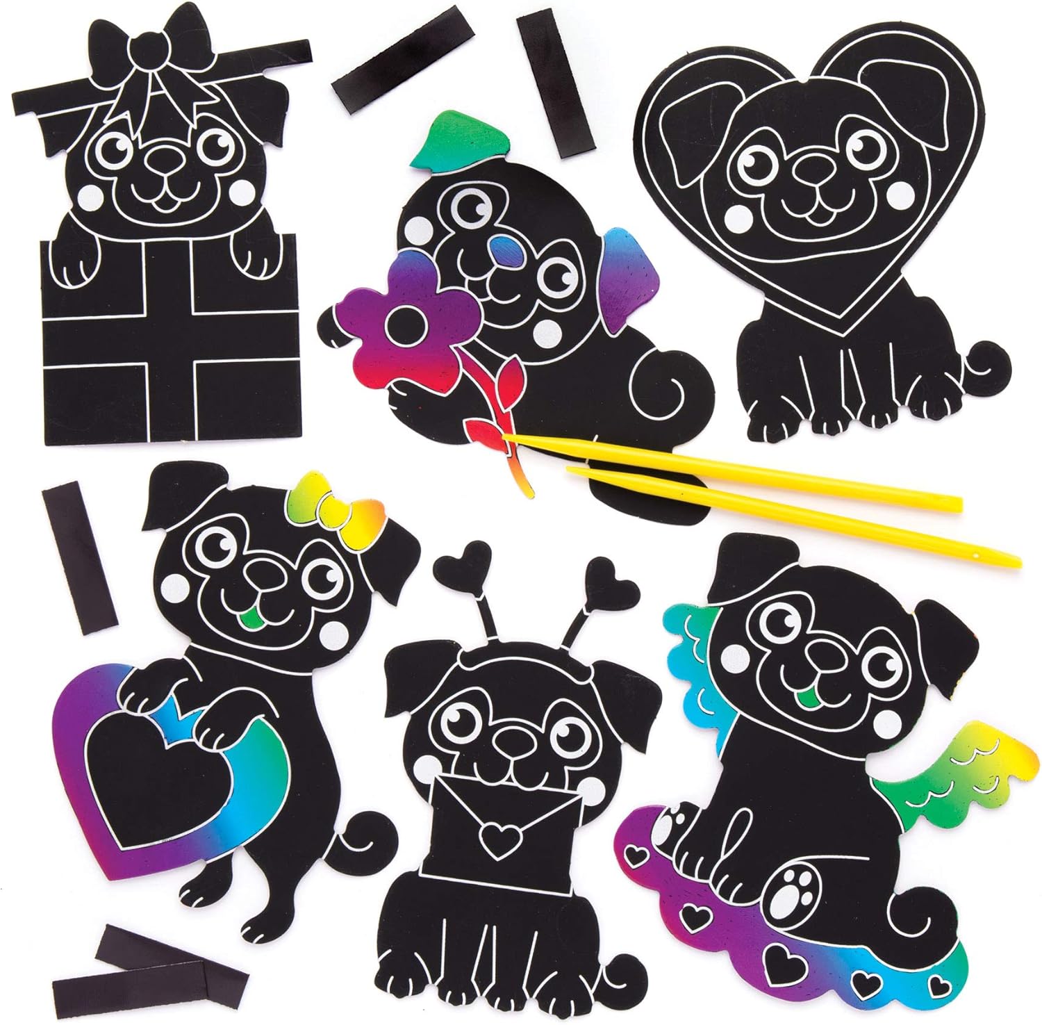 Baker Ross Pugs Scratch Art (Pack of 10) for Kids to Decorate and Display