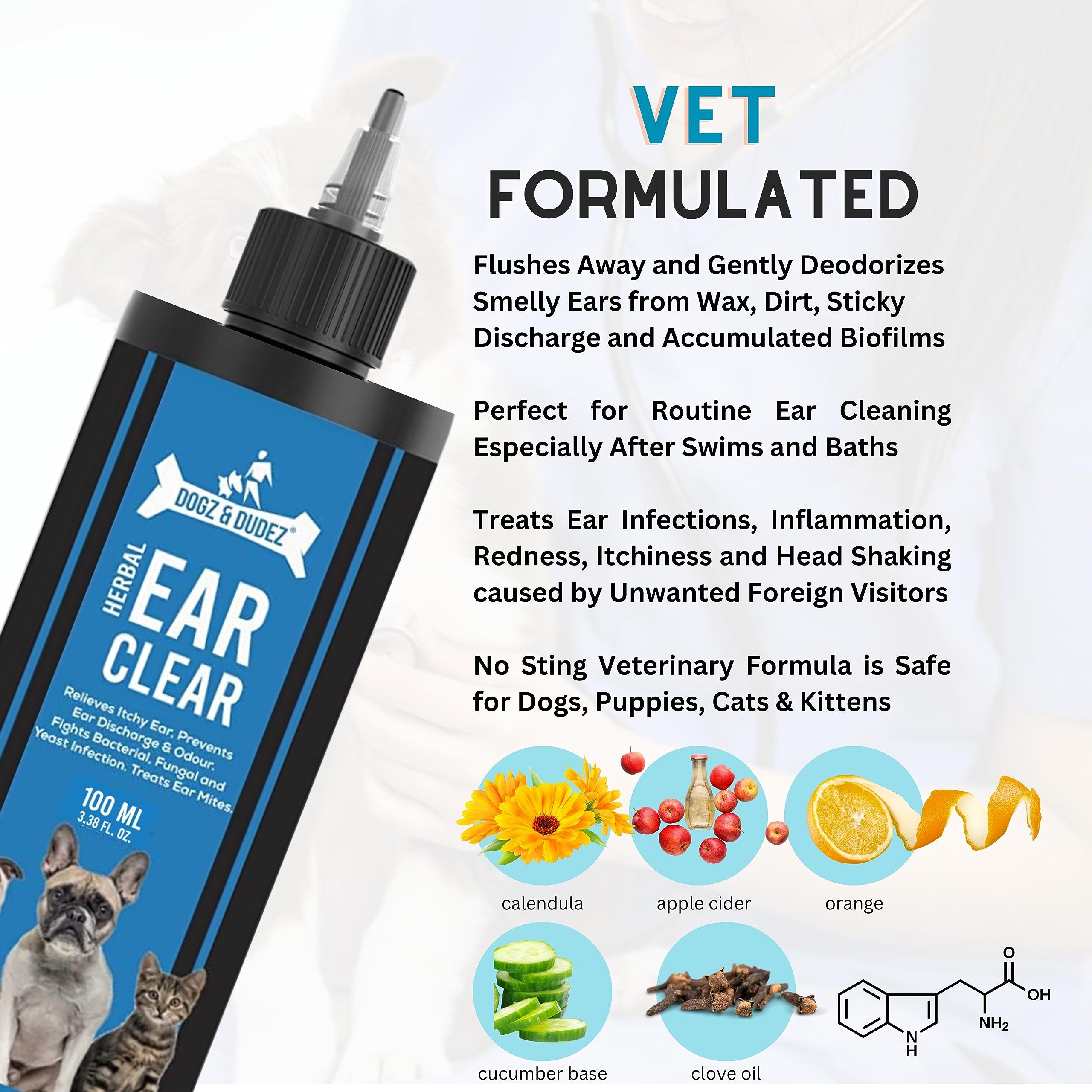 Dogz & Dudez Herbal Ear Cleaner for Dogs & Cats 100ml | Relieves Itchy Ear, Head Shaking, Prevents Ear Discharge & Odour, Fights Bacterial, Fungal and Yeast Infection, Treats Ear Mites | Ph Balanced 1