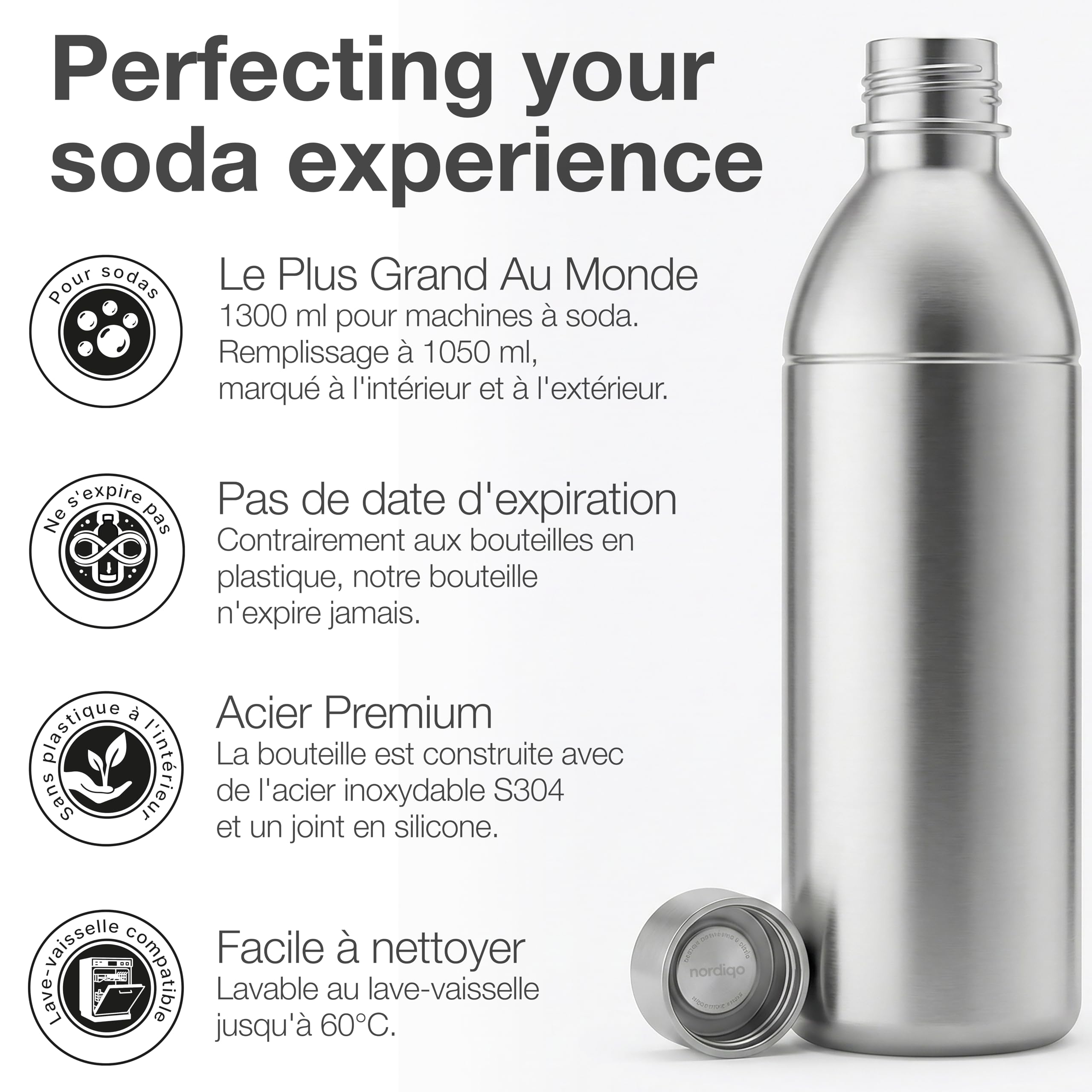 1300ml Bouteille en Acier Inoxydable pour Aarke Carbonator 3 & SMEG (Non Pro) - Étanche, Sans Plastique - Sans Date Limite, Lignes de Remplissage Intérieur & Extérieur - 2 x Acier