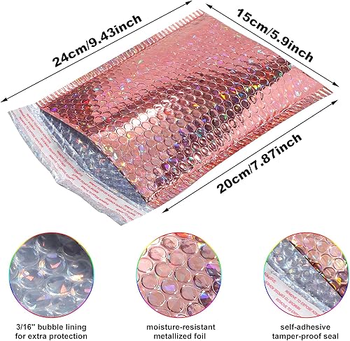Miniatura 9 de 30 sobres holográficos de burbujas, sobres acolchados de burbujas, sobres acolchados autosellantes para correo, envío y embalaje, 11 x 7 pulgadas