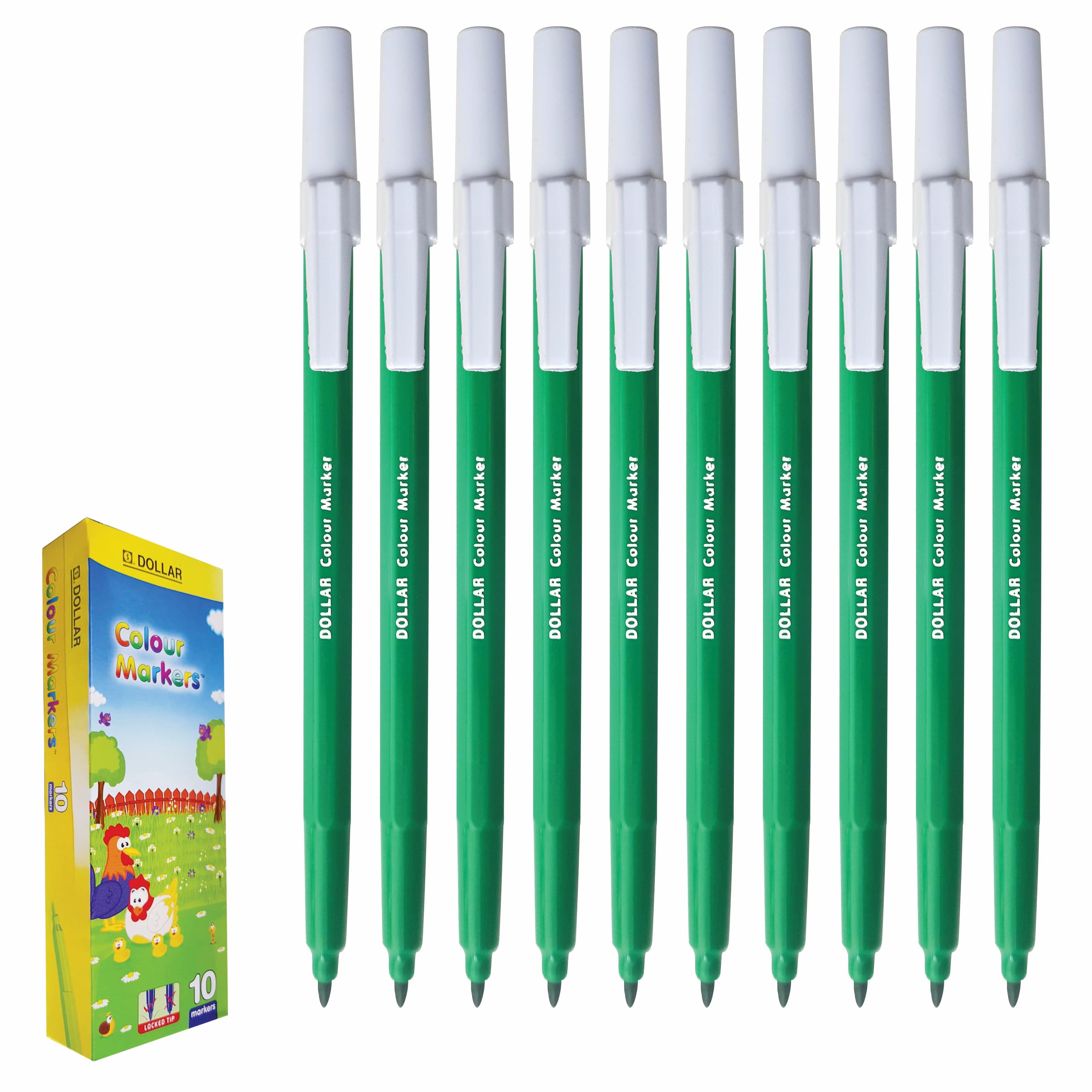 DOLLAR ColourMarkers Felt Tip Colouring Pens, GREEN, Fine Point, Pack of 10, Draw Colour Mark Sketch Write Shade Underline, School Office Home Everyday Use