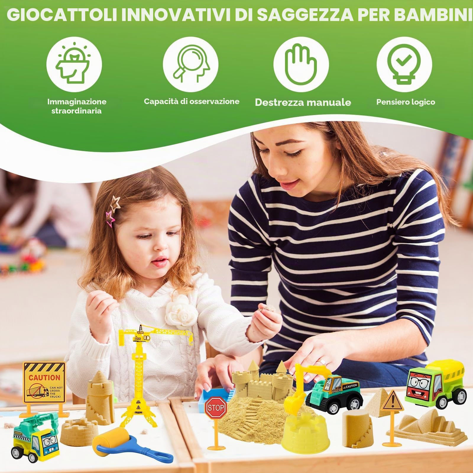 TEBOKHAD Sabbia Cinetica per Bambini Veicoli Di Ingegneria, Kit Di Sand Con 1 Kg Sabbia Magica, Pieghevole Sabbiera Veicolo Giocattolo, Sabbia Cinetica Bambini per Ragazzi E Ragazze Oltre I 3 Anni