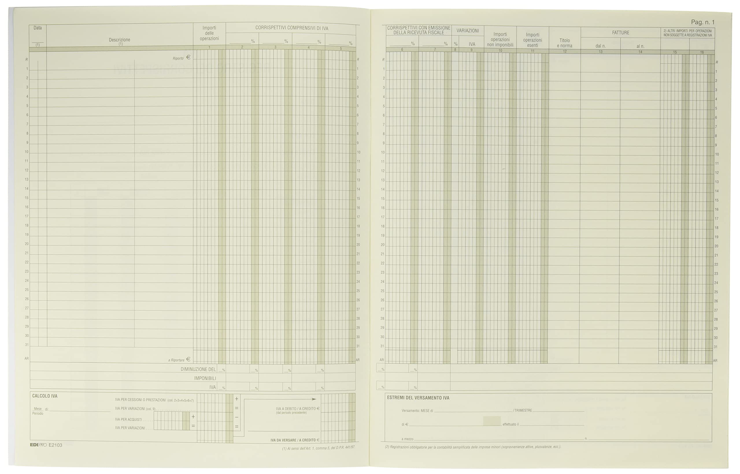 EDIPRO E2103 Registro IVA corrispettivi 15 pagine numerate 31x24,5