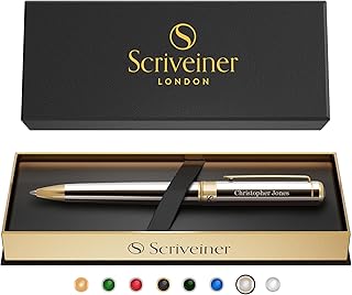 Scriveiner Personalised Pen Silver Chrome Ballpoint - Stunning Luxury Pen, Real Gold Plating, Schmidt Ink Refill, Best Engraved Ball Point Gift Set for Men & Women, Custom Name Engraving