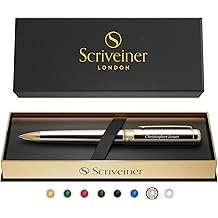 Stylo &agrave; bille chrom&eacute; argent&eacute; personnalis&eacute; Scriveiner - Stunning Stylo de luxe, placage d'or r&eacute;el, recharge d'encre Schmidt, meilleur ensemble cadeau de bille grav&eacute;e pour hommes et femmes, gravure de nom personnalis&eacute;e