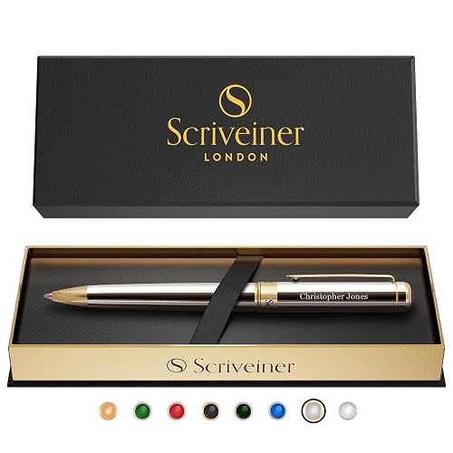 Scriveiner Personalised Pen Silver Chrome Ballpoint - Stunning Luxury Pen, Real Gold Plating, Schmidt Ink Refill, Best Engraved Ball Point Gift Set for Men & Women, Custom Name Engraving