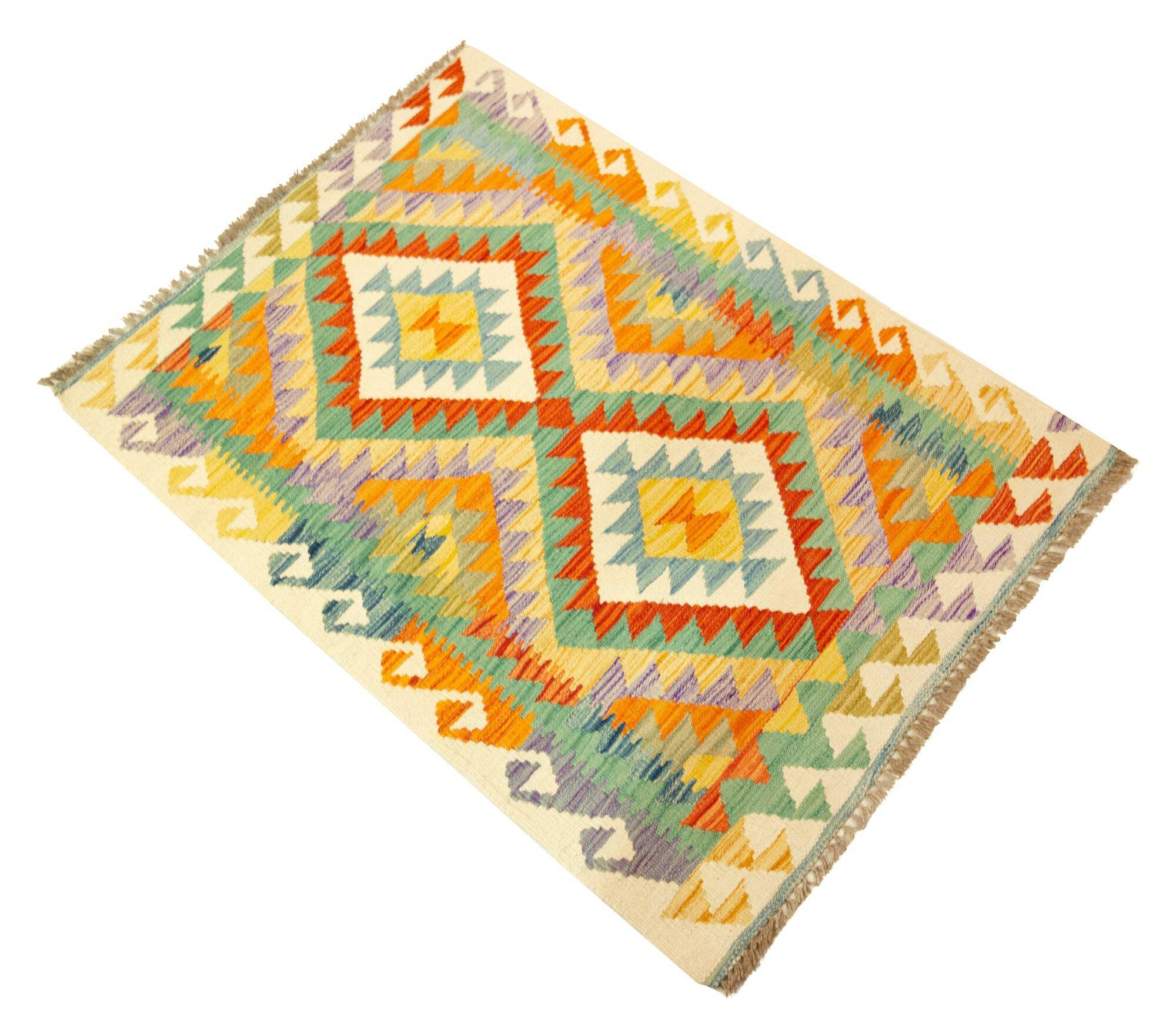 Kilim Tapis 100 % laine 122 x 88 cm, fait à la main, pièce unique de style Herat Boho multicolore, tissage plat, tapis d'entrée et chambre