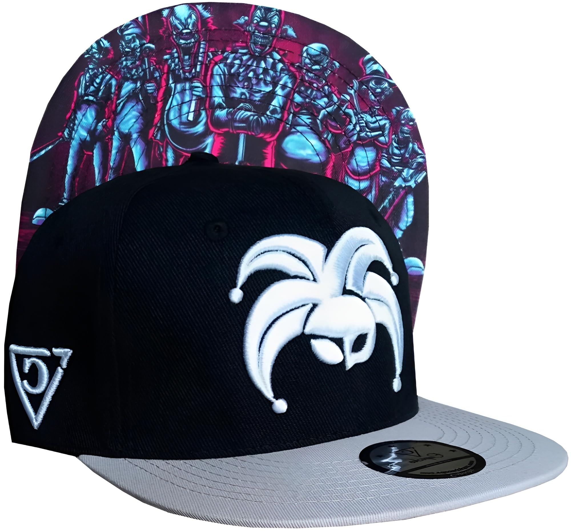 Capiche Men's [Clown] Black Clown Gang [99+ Variations] Black Snapback Hat For Clown Gang, Gray And Baseball Cap With Scary Group Graphic Under Flat Brim, Light Gray, Gray, Weapons, Horror, Gaming