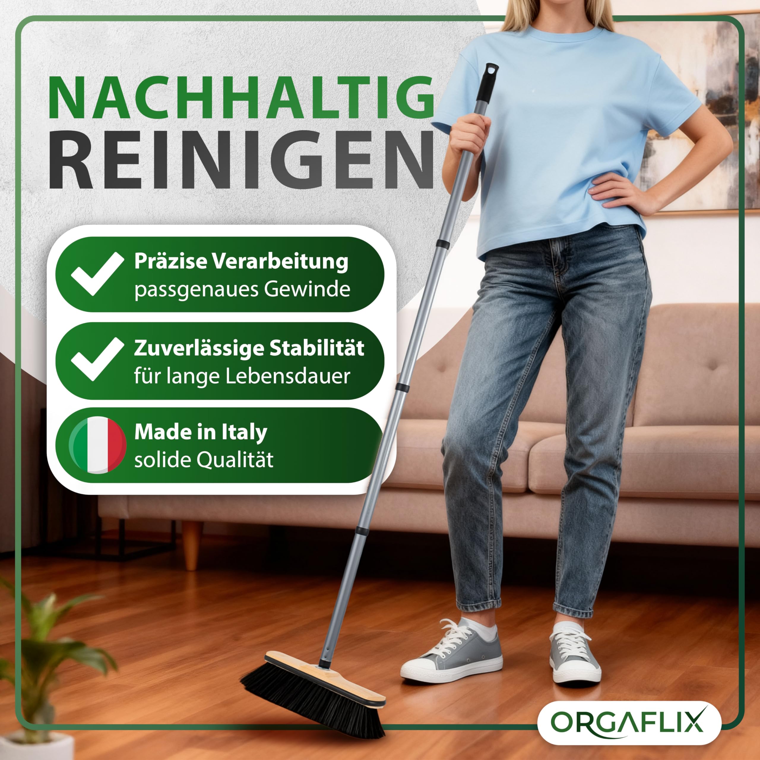 ORGAFLIX Manche de balai de qualité supérieure avec filetage de 24 mm, réglable de 60 à 130 cm, utilisation universelle pour balais, balai de route et balai industriel, manche en métal stable en gris