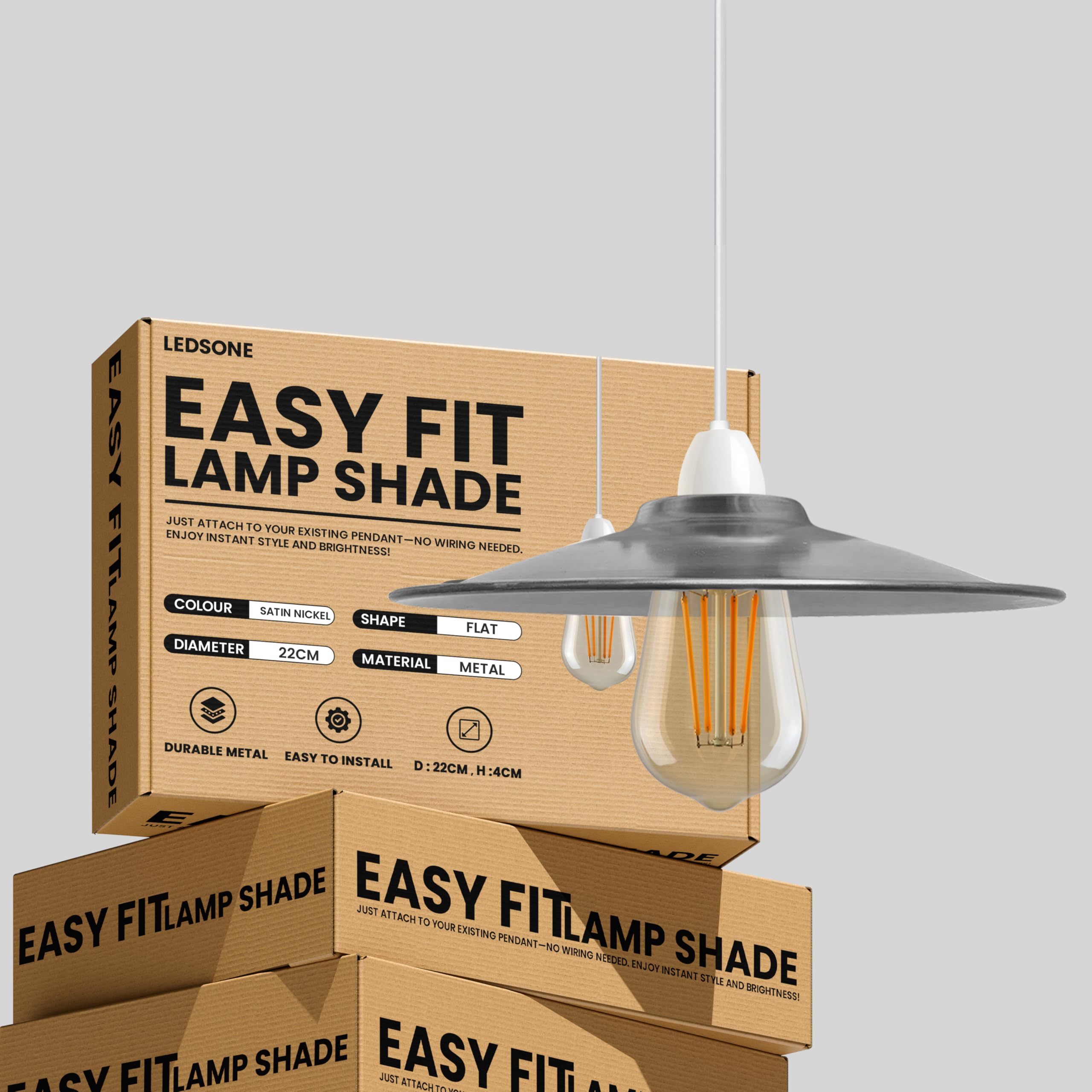 LEDSone Industrial Style Satin Nickel Brass Metal Ceiling Light Shade Easy Fit 22cm Flat Pendant Lighting Lamp Shade with Reducer Ring Childern Living Room Hallway Restaurant & Home Improvement โ image 1