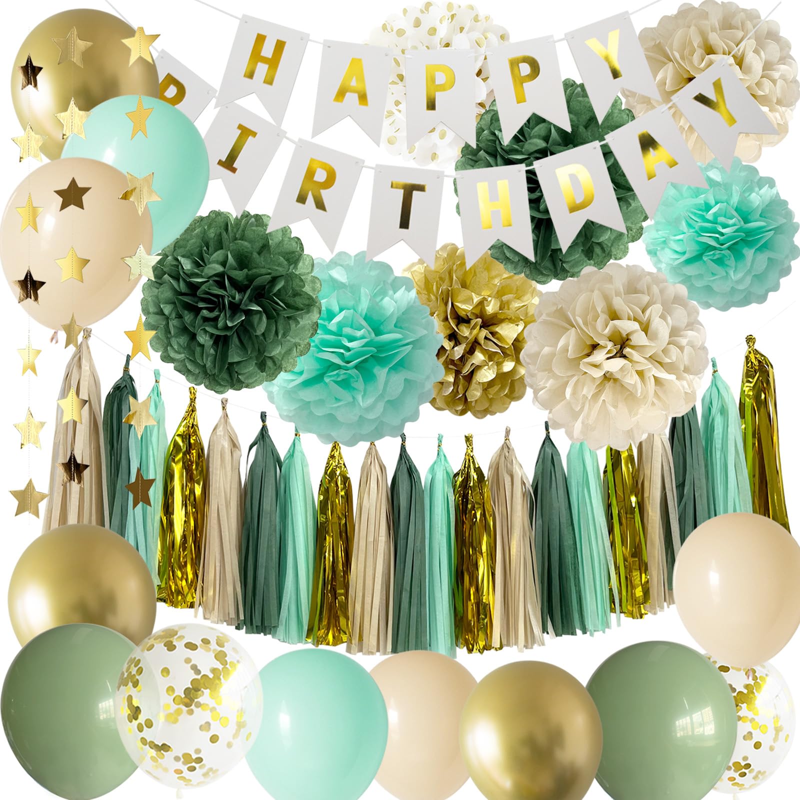 Green and Gold Birthday Party Decorations for Men Women Girls 145pcs  Birthday Party Supplies Green Garland Kit Gold Happy Birthday Banner with  Green