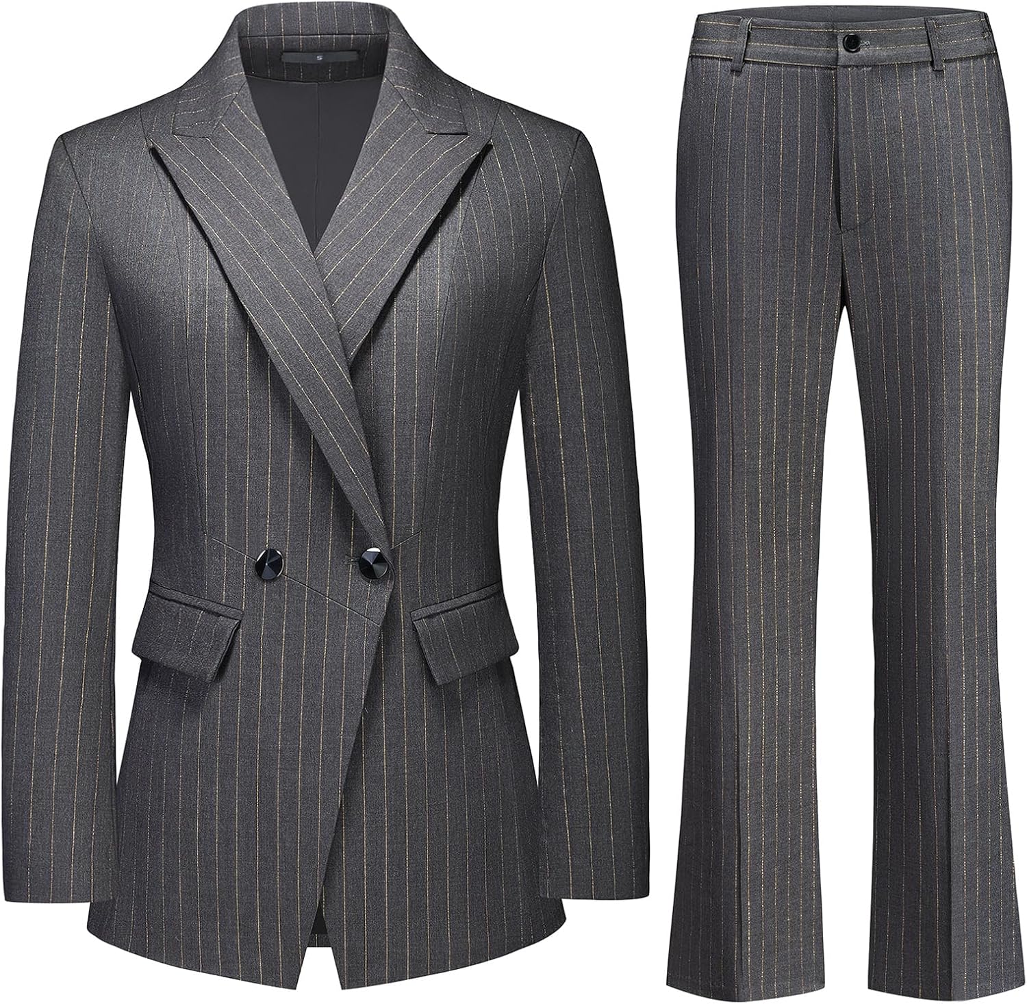 Lamgool Women's Pinstrip Suit Gold Lines 2 Pieces Slim Fit Business Blazer Flared Pants Set for Work
