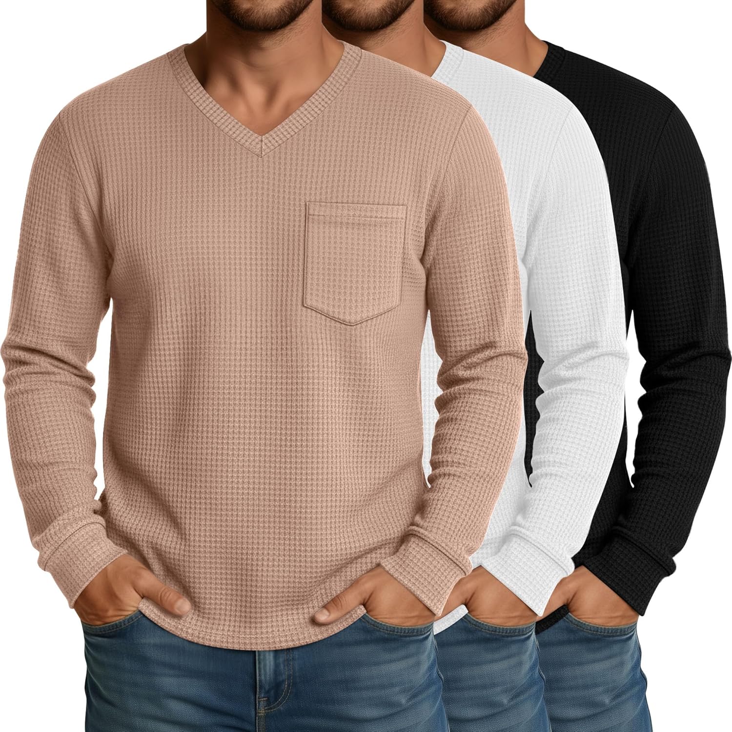 Neer 3 Pack Mens Big and Tall Waffle Shirts Long Sleeve V Neck Pullover Underwear Tops Basic Undershirts with Pocket