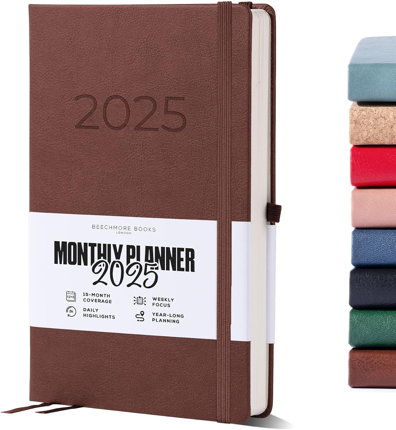 Beechmore Books Planner - A5, Brown | Premium 2025 Diary | Hardcover Journal with Vegan Leather, Thick 120gsm Paper | With Year & Month View, Goal Setting, Appointments Planning, Gift Box