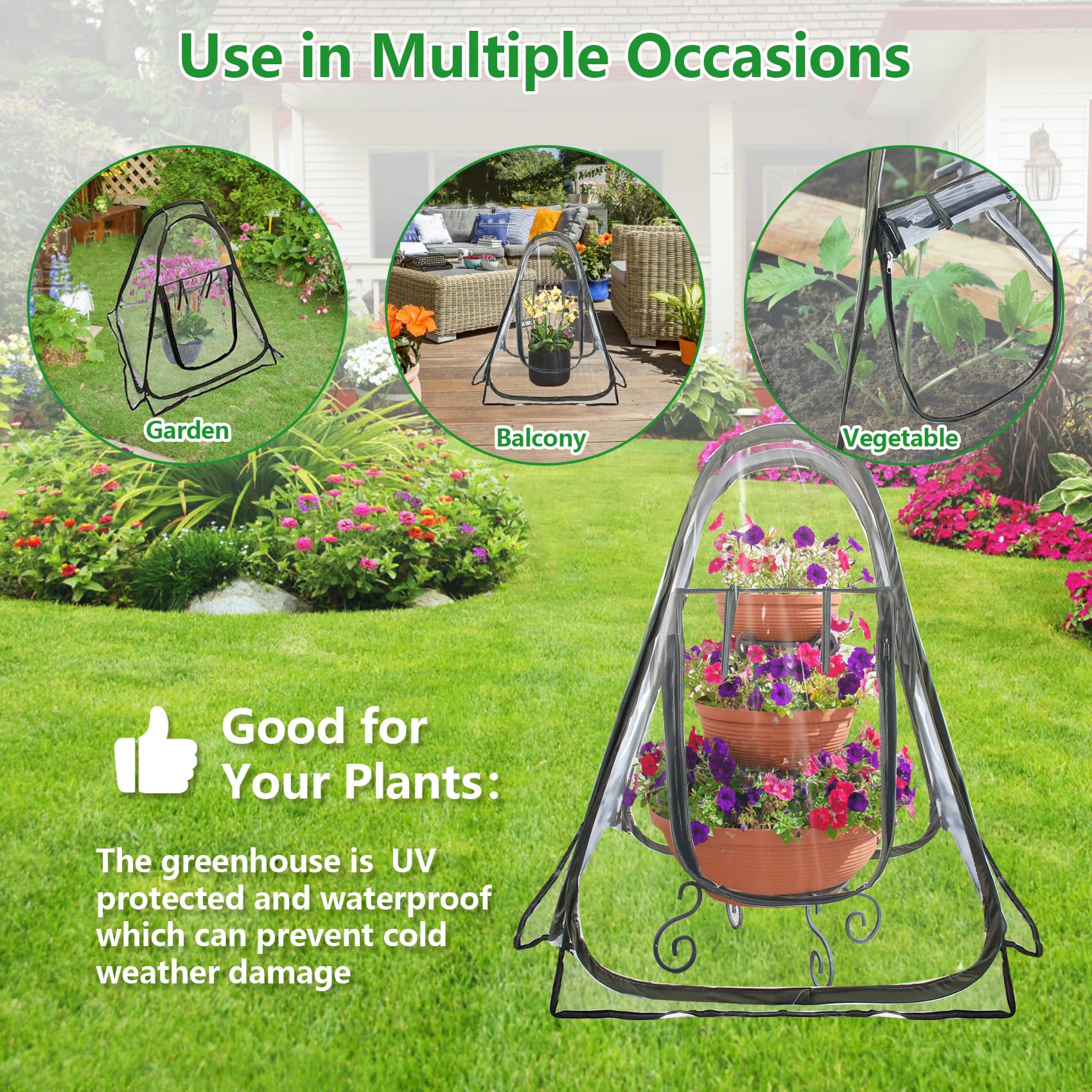 DEDU Cubierta de invernadero emergente, pequeña tienda de campaña transparente portátil de 68 x 68 x 78 cm con 4 clavos fijos y herramientas, 3 piezas de mini tienda de invernadero de PVC para plantas