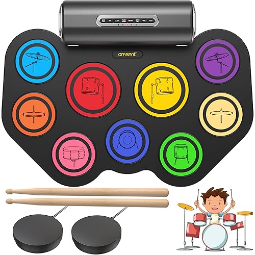 ORASANT 9-Pad Real-effect Rechargeable Portable Electronic Drum Set With Icons, Roll-up Practice Drum Pad Electric Drum Pad with Speaker, Headphone Jack, Pedals,12H Playtime, Christmas Gift