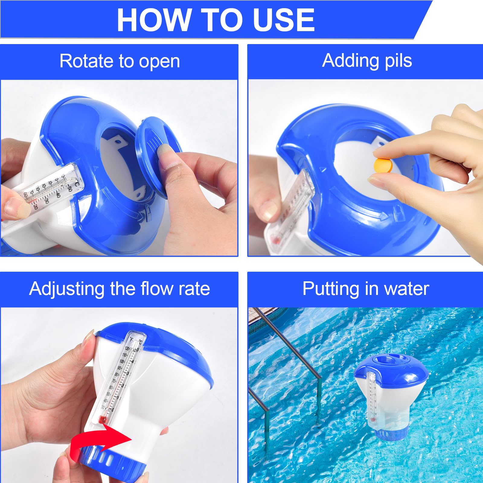 Forhome 5 Zoll Großer Dosierschwimmer, Chlordosierer mit Thermometer 20-200g, Chlor & Brom Tabletten Einstellbar Behälter, Pool Zubehör für Große und Kleine Pools Whirlpool