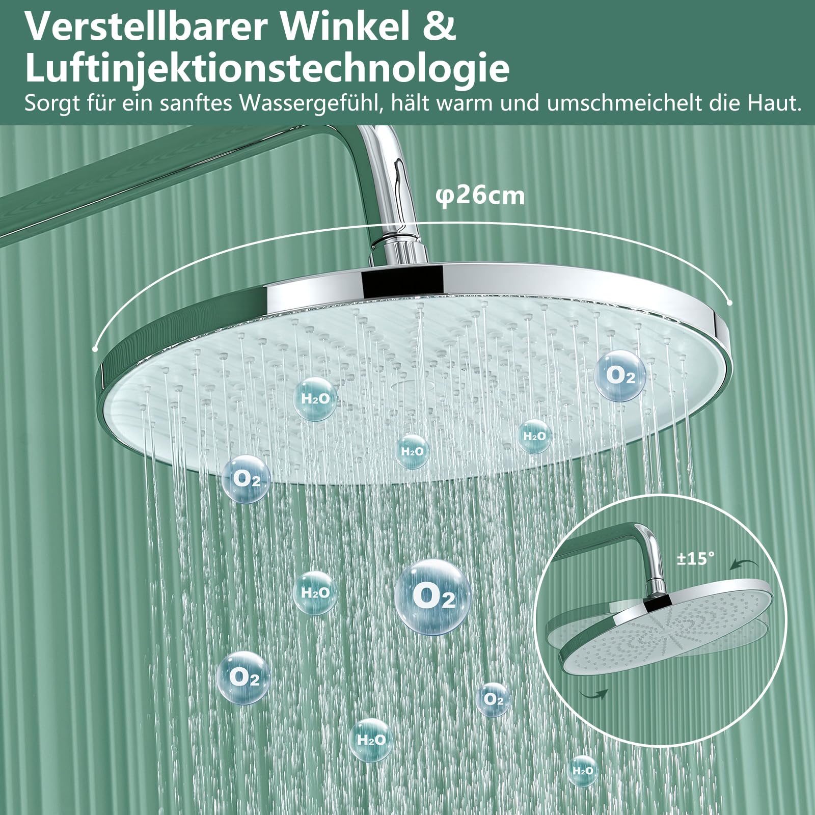 Duschsystem ohne Thermostat mit 26 cm runder Regendusche & Handbrause Duscharmatur Komplettset Höhenverstellbar mit Sicherheitsglas-Ablage & multifunktionalem Schwenkauslauf