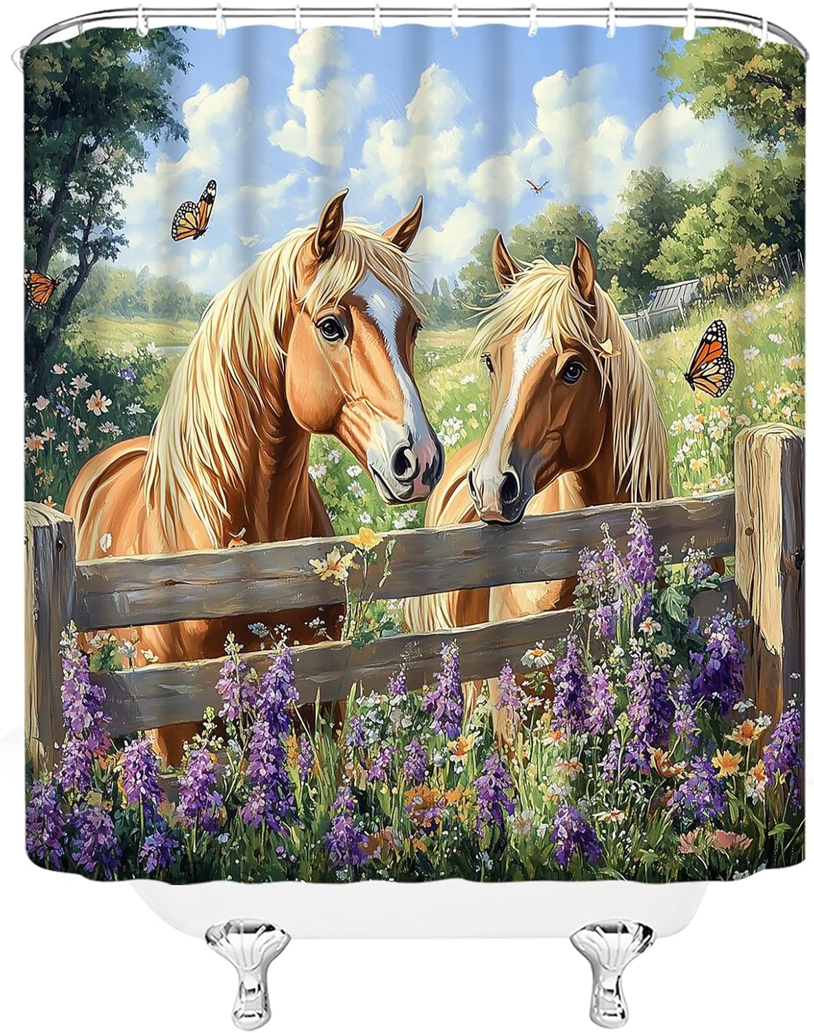 Farmhouse Horse Shower Curtain Rustic Farm Animal Horse Forest Purple Lavender Watercolor Nature 70" Wx96 H Bathroom Decor Curtain with Hooks