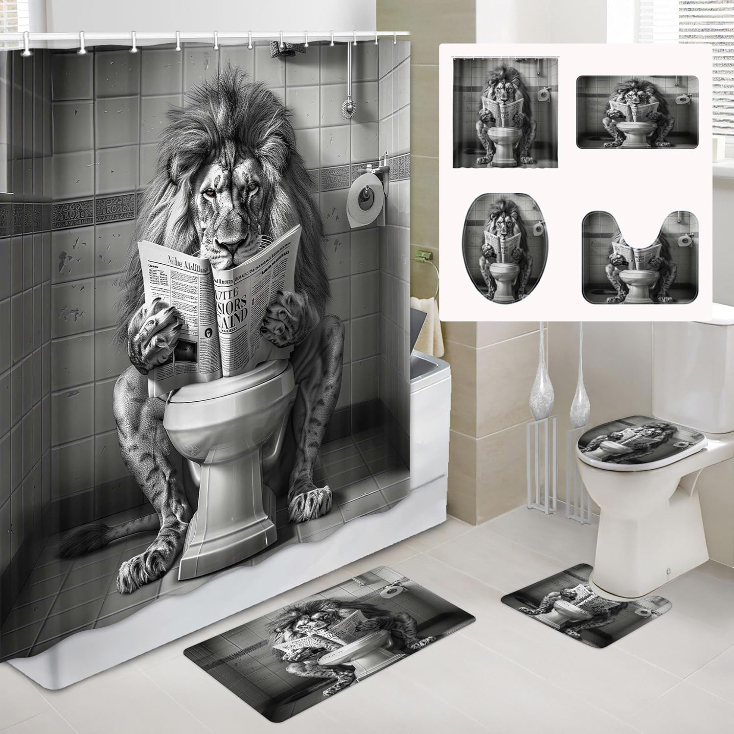 4PCS Funny Lion Shower Curtain Bathroom Set with Rugs, Toilet Lid Cover and Bath Mat, Fun Fancy Humor Leo Animal Toilet Shower Curtains Set, Black and White Masculine Shower Curtains with 12 Hooks