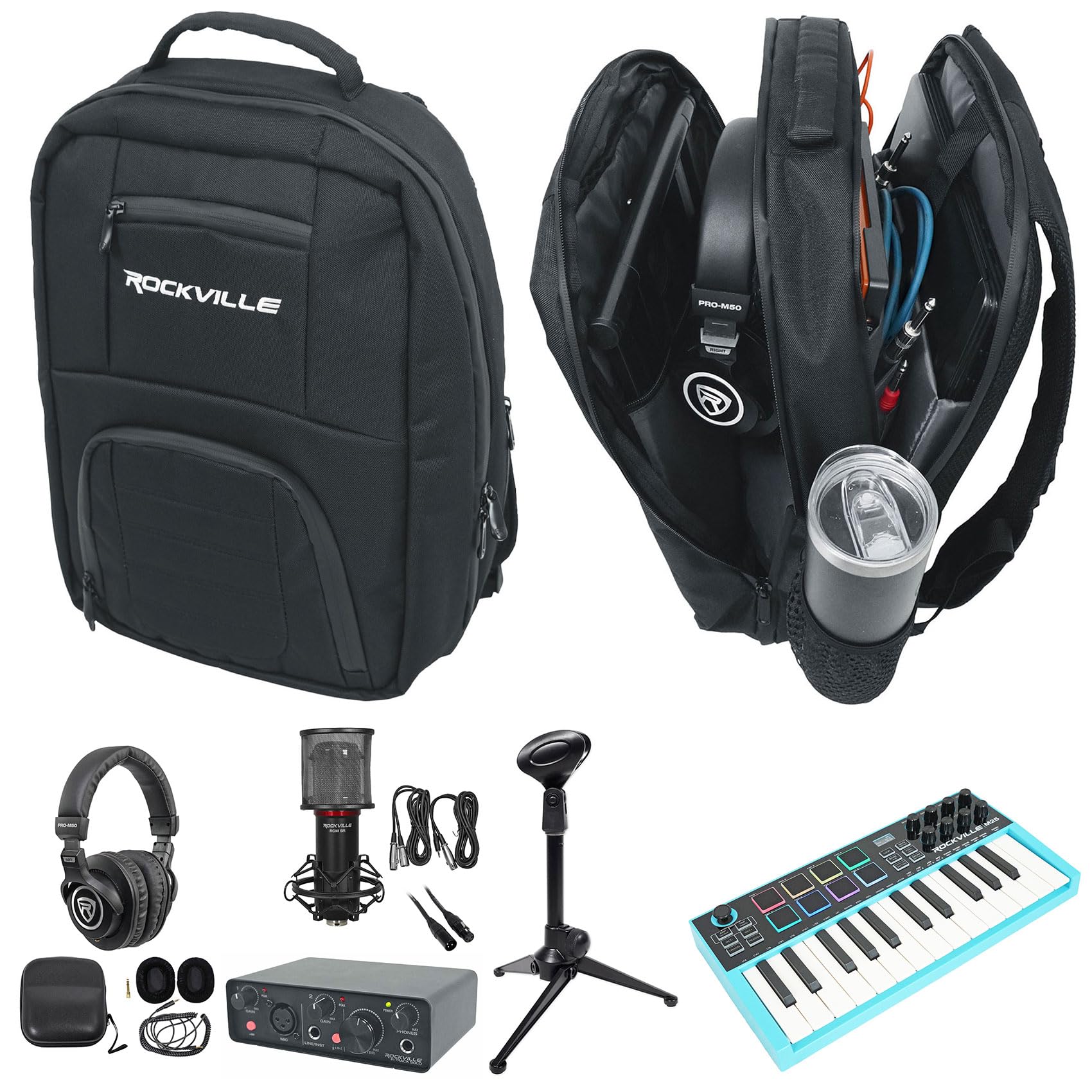 Rockville Bundle: Rockville R-TRACK SOLO Recording USB C Audio Interface Bundle with MIDI Keyboard Controller, Studio/Recording Mic, Headphones, Backpack, Mic Stand, XLR Mic Cable (7 items)