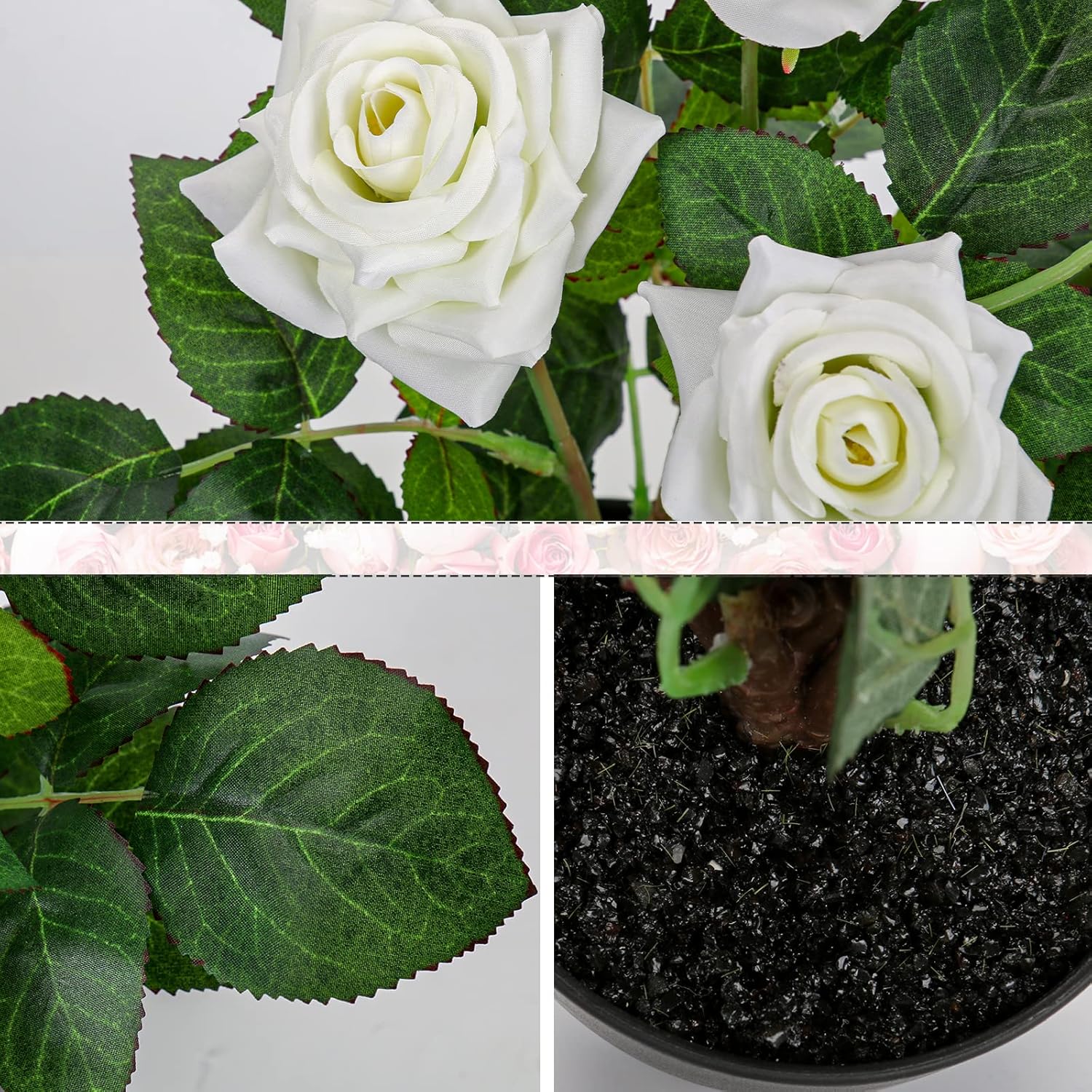 Hollyone Artificial Plants & Flowers with Vase White Roses Artificial Flowers Potted Plant Faux Silk Flower with Black Pot Fake Rose Flower Arrangement Home Decor Table Desk Decorations 15 Inch - Image 3