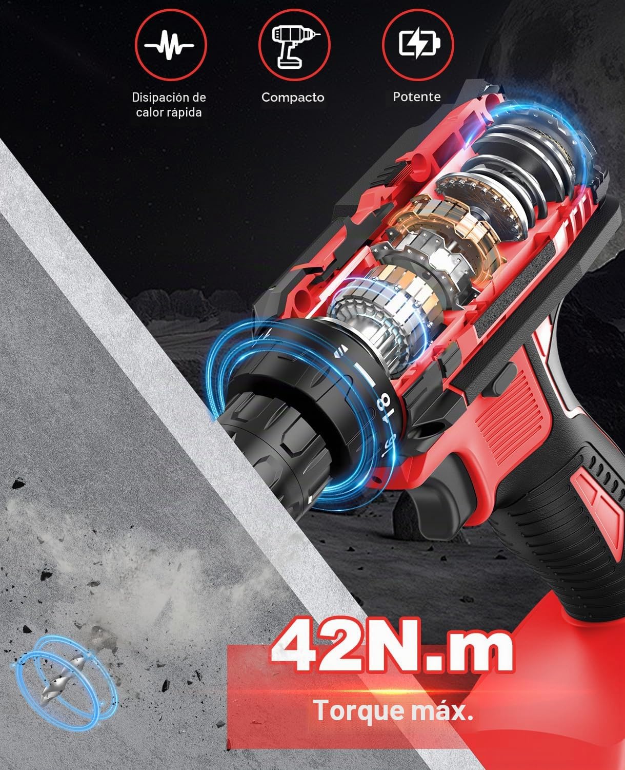 MHPRO Taladro Percutor a Bateria 21V, Taladro Atornillador Bateria con 2 Baterías 2000mAh, 42Nm, 18+1 Ajuste de Par Destornillador Electrico, 14 Accesorios, 2 Velocidad, LED Luz Para Hogar, Bricolaje