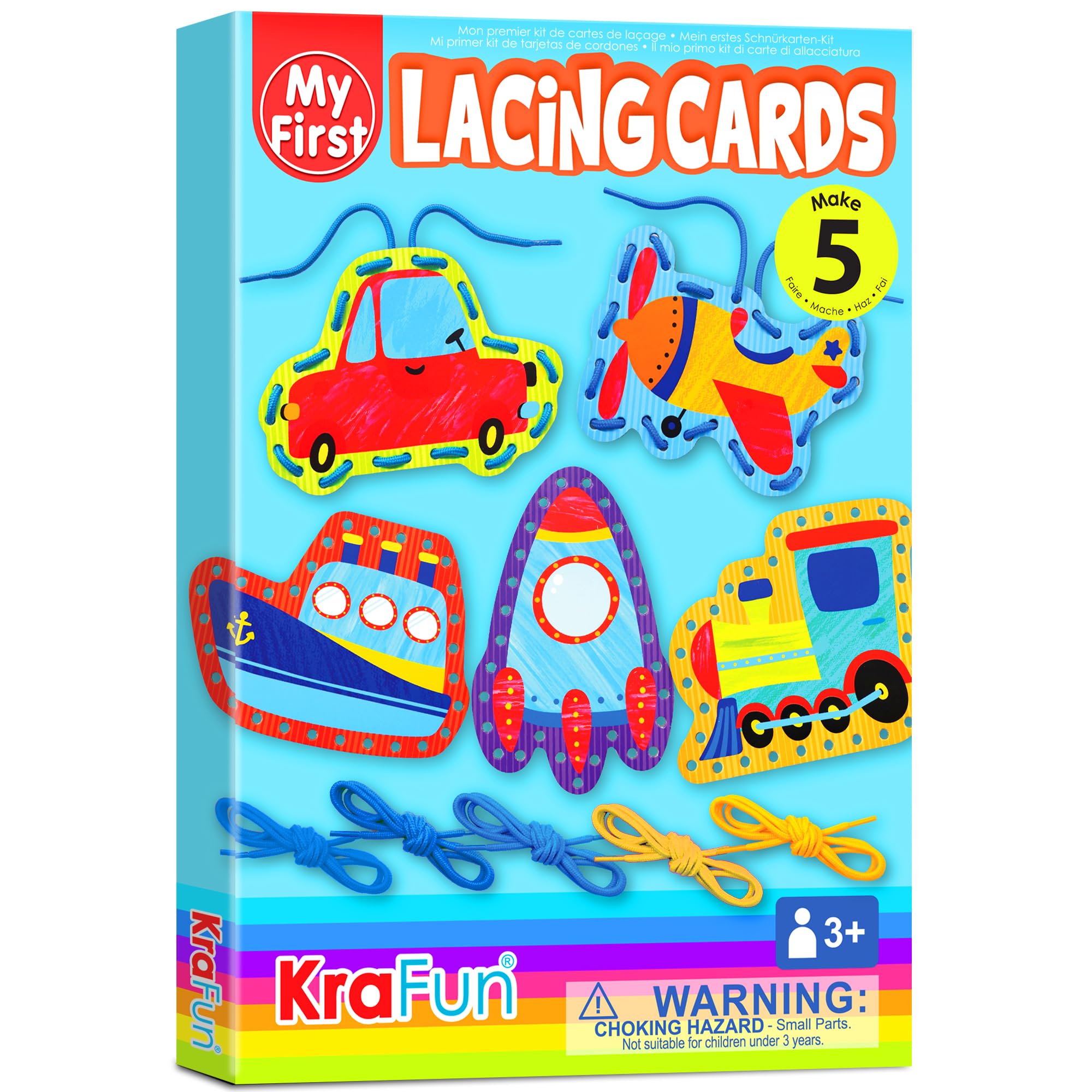 KRAFUN Preschool Beginner First Lacing Card Kit for Kids Training Arts & Crafts, 5 Easy Transport and Cars Lacing Projects, Craft Paper Cards for Toddlers, Fine Motor Skills Toys