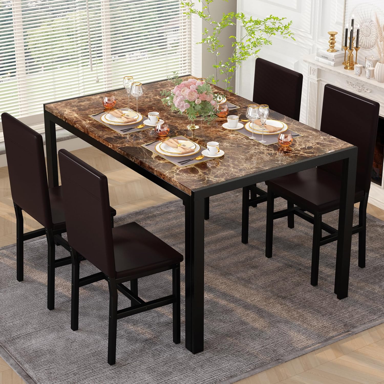 DKLGG Dining Table Set for 4, Kitchen Table Chairs Set of 4, 5 Piece Dining Room Table Set, Faux Marble Dinner Table Set with 4 Upholstered PU Leather Chairs for Kitchen Dining Room