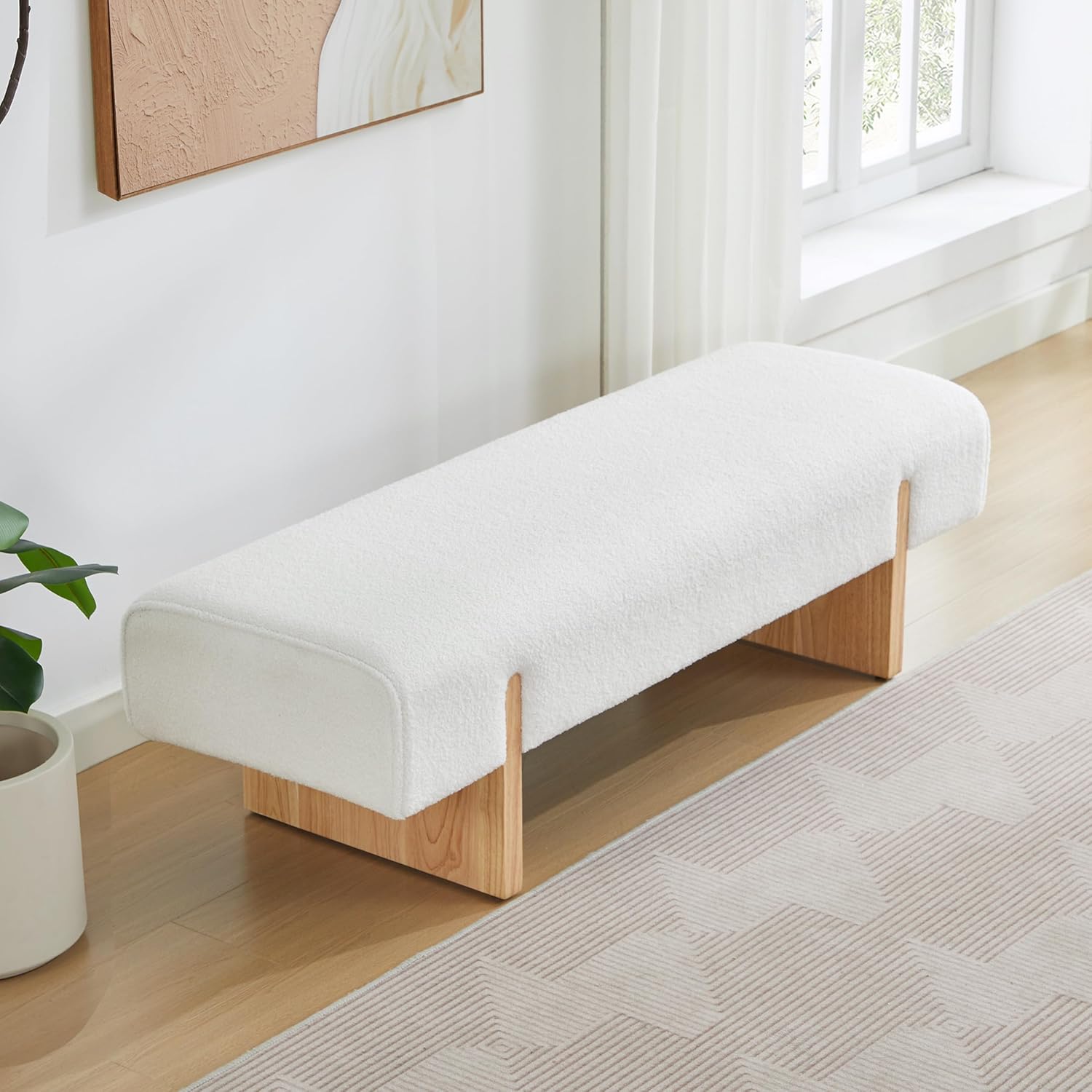 ONEVOG 55" End of Bed Bench with Upholstered Cushion & Natural Solid Wood Legs, Modern Long Ottoman Seat Foot Stool for Bedroom/Entryway/Living Room/Hallway, Support 450lbs, Boucle Fabric, White
